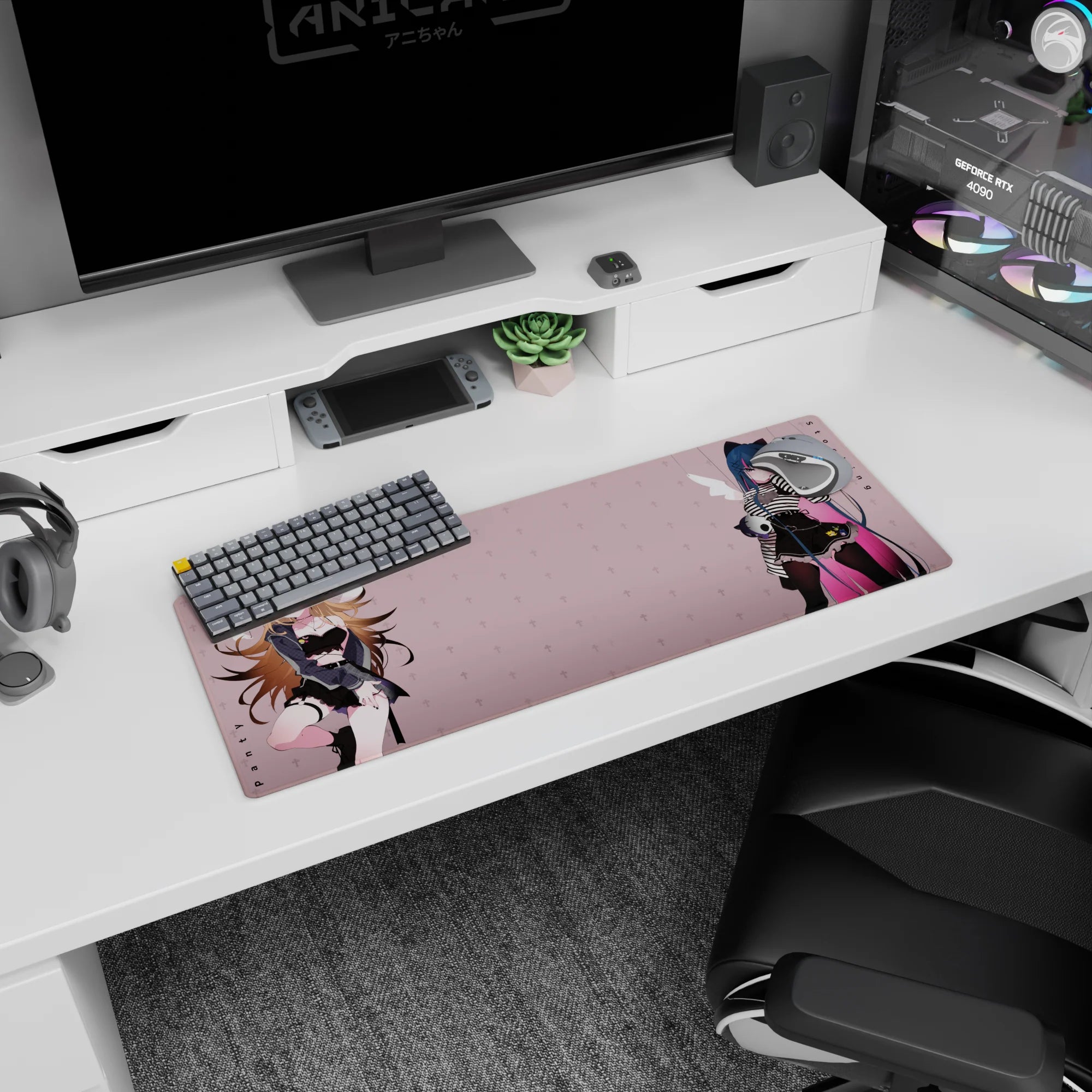 32x12 inches anime mouse pad showing rebel duo: honey-blonde in garters beside blue-haired cat-ear girl.
