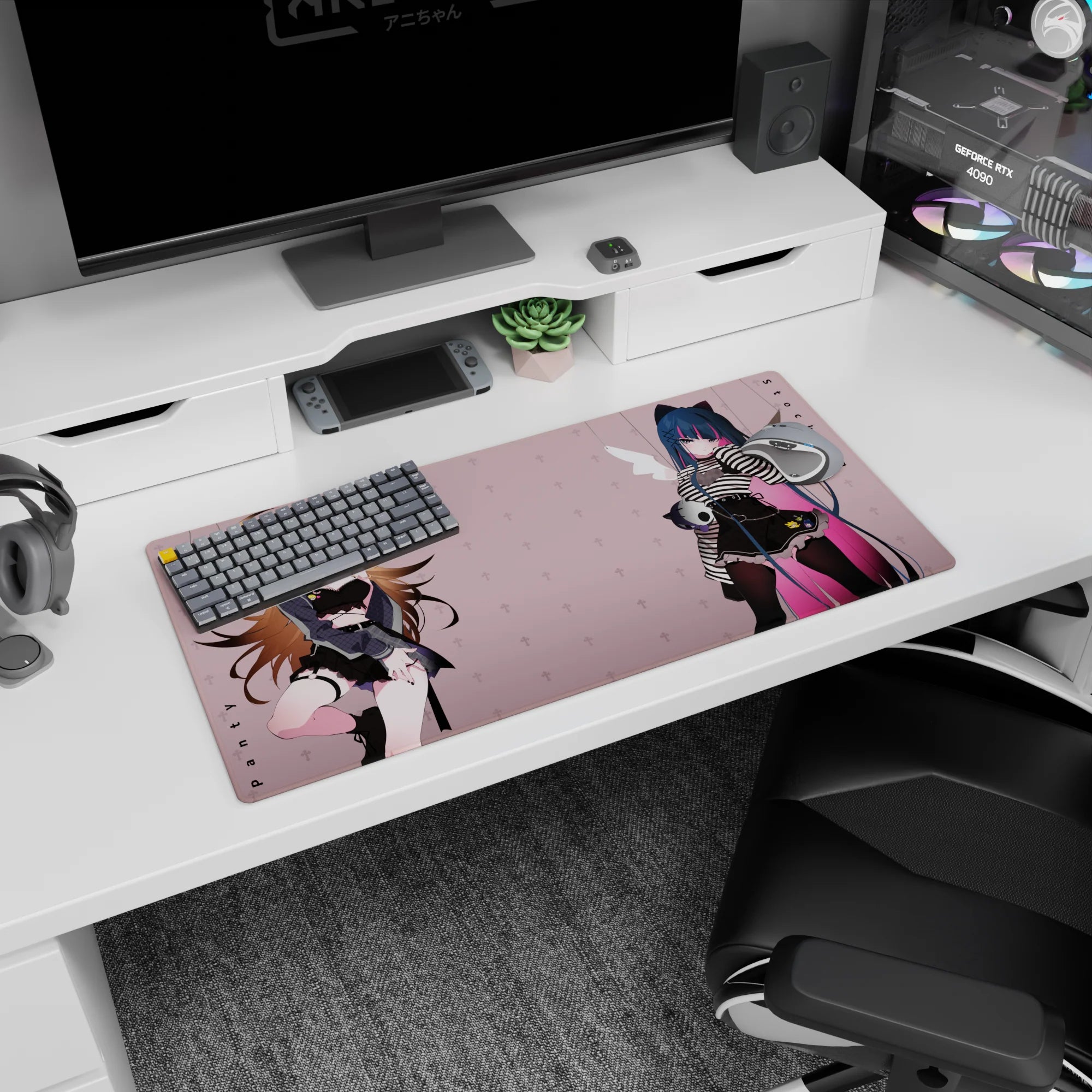 32x16 inches anime girl mouse pad showing honey-blonde lace rebel beside blue-haired cat-ear girl with skull charm.
