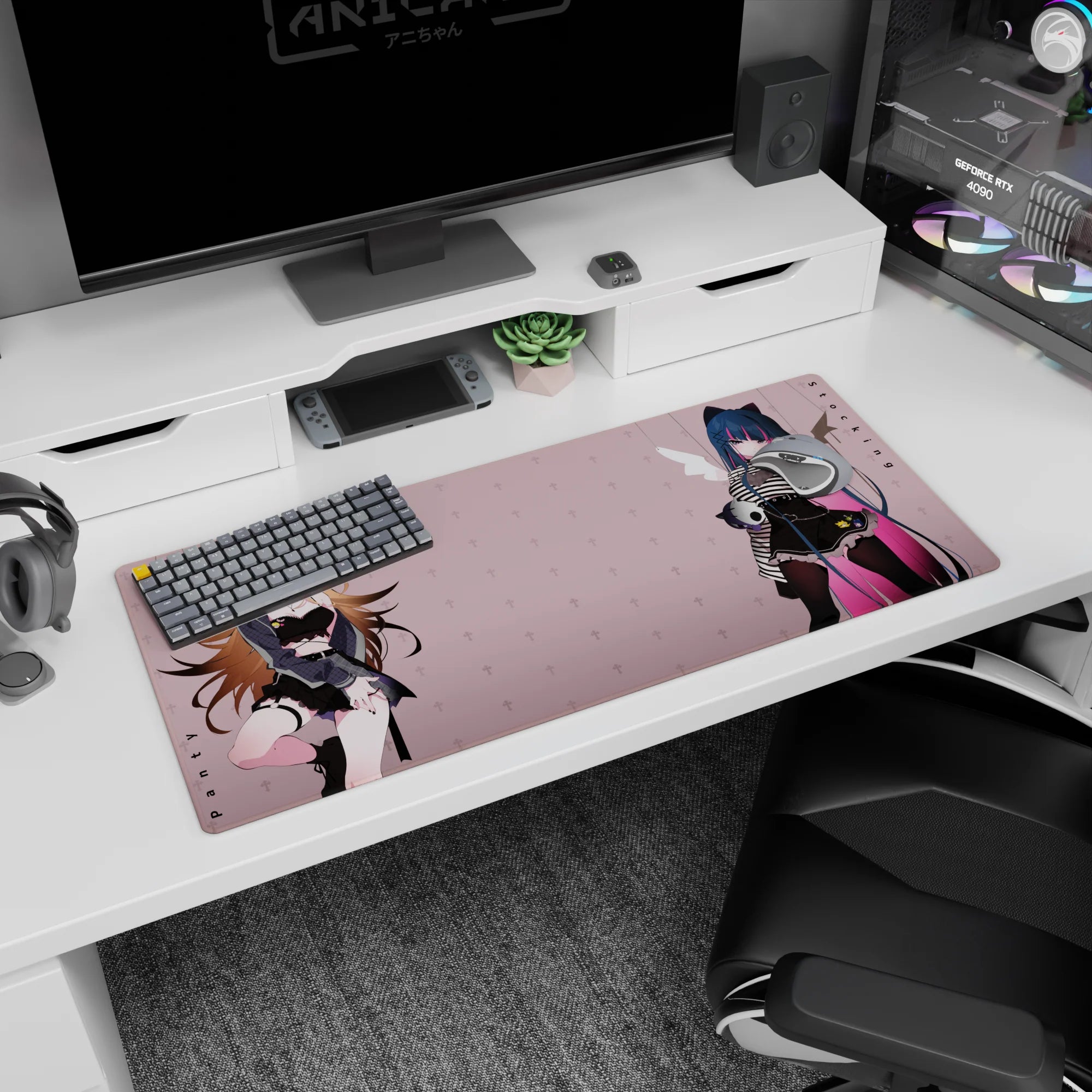 Two anime girls desk pad 36x16 inches: honey-blonde in lace and garters beside cat-ear girl with skull charm.