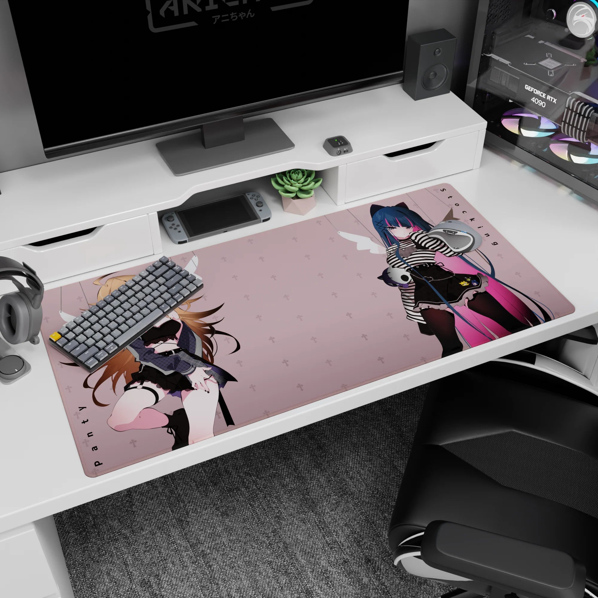 Two anime girls desk pad 40x20 inches: honey-blonde in black lace, blue-haired cat-ear girl with striped sleeves.