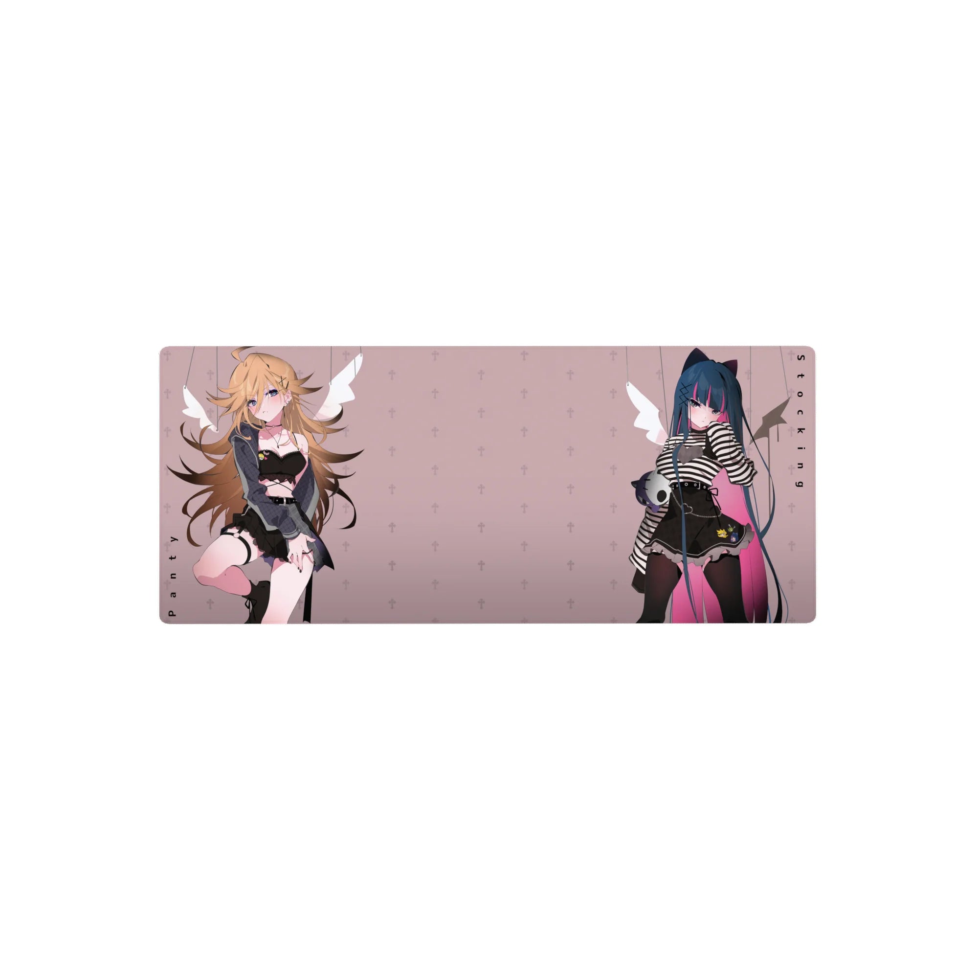 28x12 inches anime girl mouse pad with two edgy pastel rebels on blush background and tiny fleur pattern.