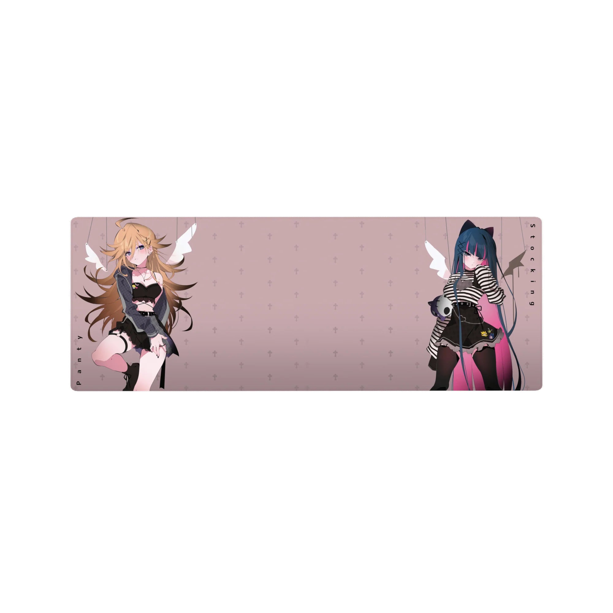 32x12 inches anime girl mouse pad with two punk girls, lace bralette, cat ears, and fleur background.