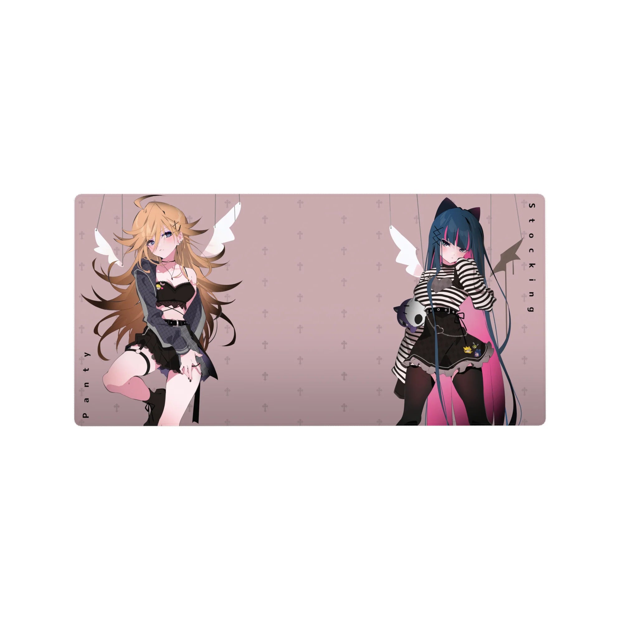 Anime girl mouse pad 32x16 inches with two edgy pastel rebels on blush background and fleur patterns.
