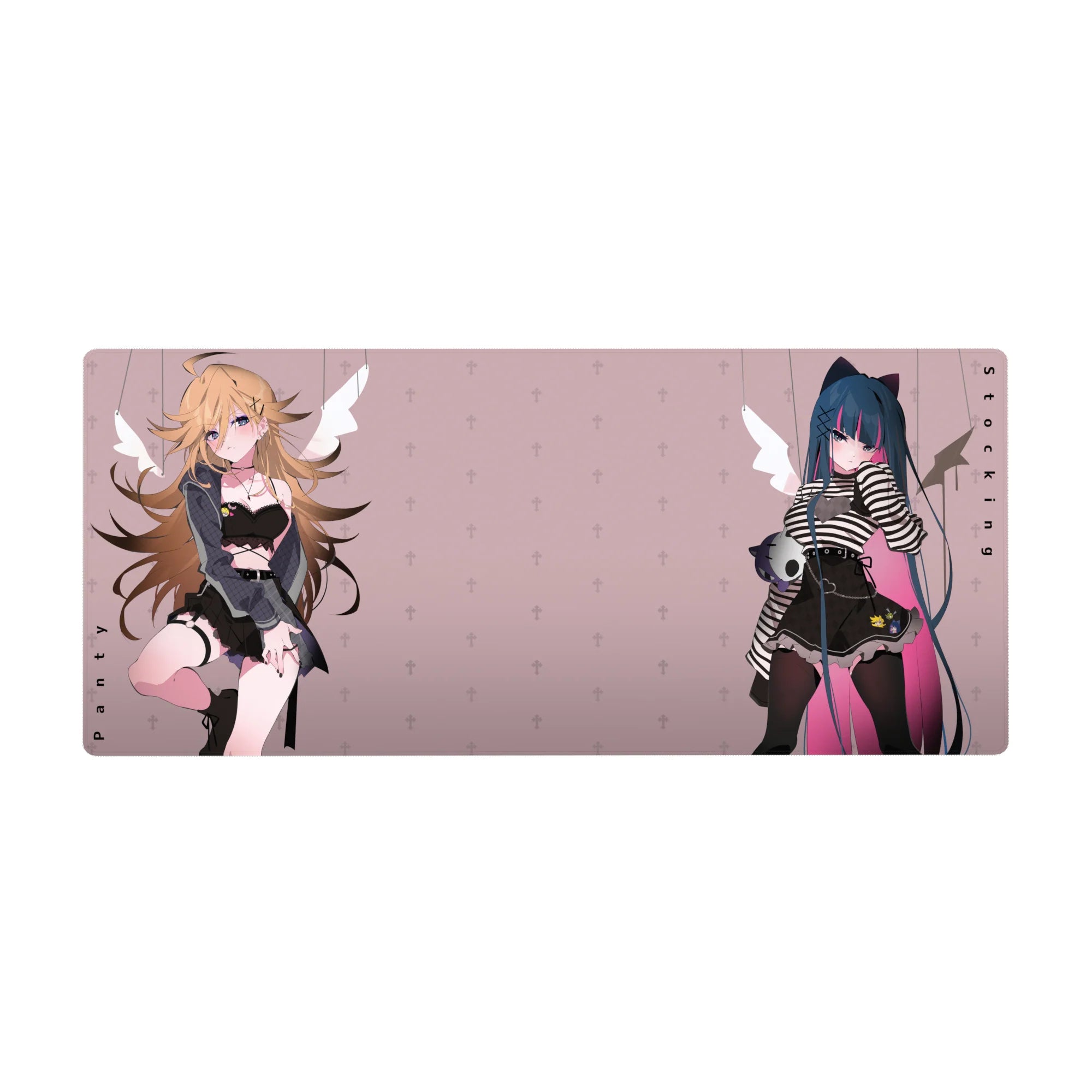 Anime girl desk pad 36x16 inches with two rebels, lace bralette, cat ears, blush fleur background.