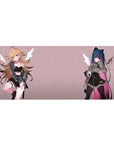 Anime girl desk pad 36x16 inches with two rebels, lace bralette, cat ears, blush fleur background.