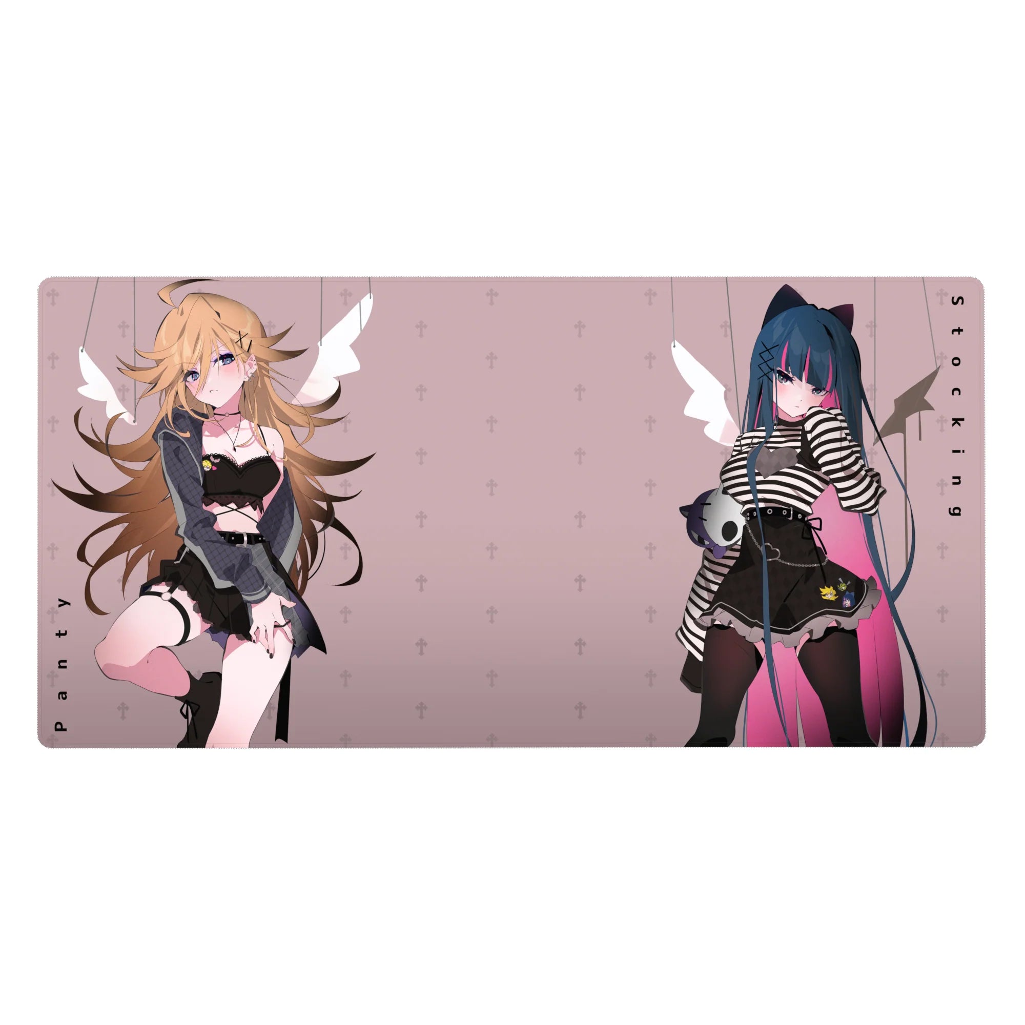 Anime girl desk pad 40x20 inches with two rebels on blush backdrop, lace bralette and cat-ear skull charm.
