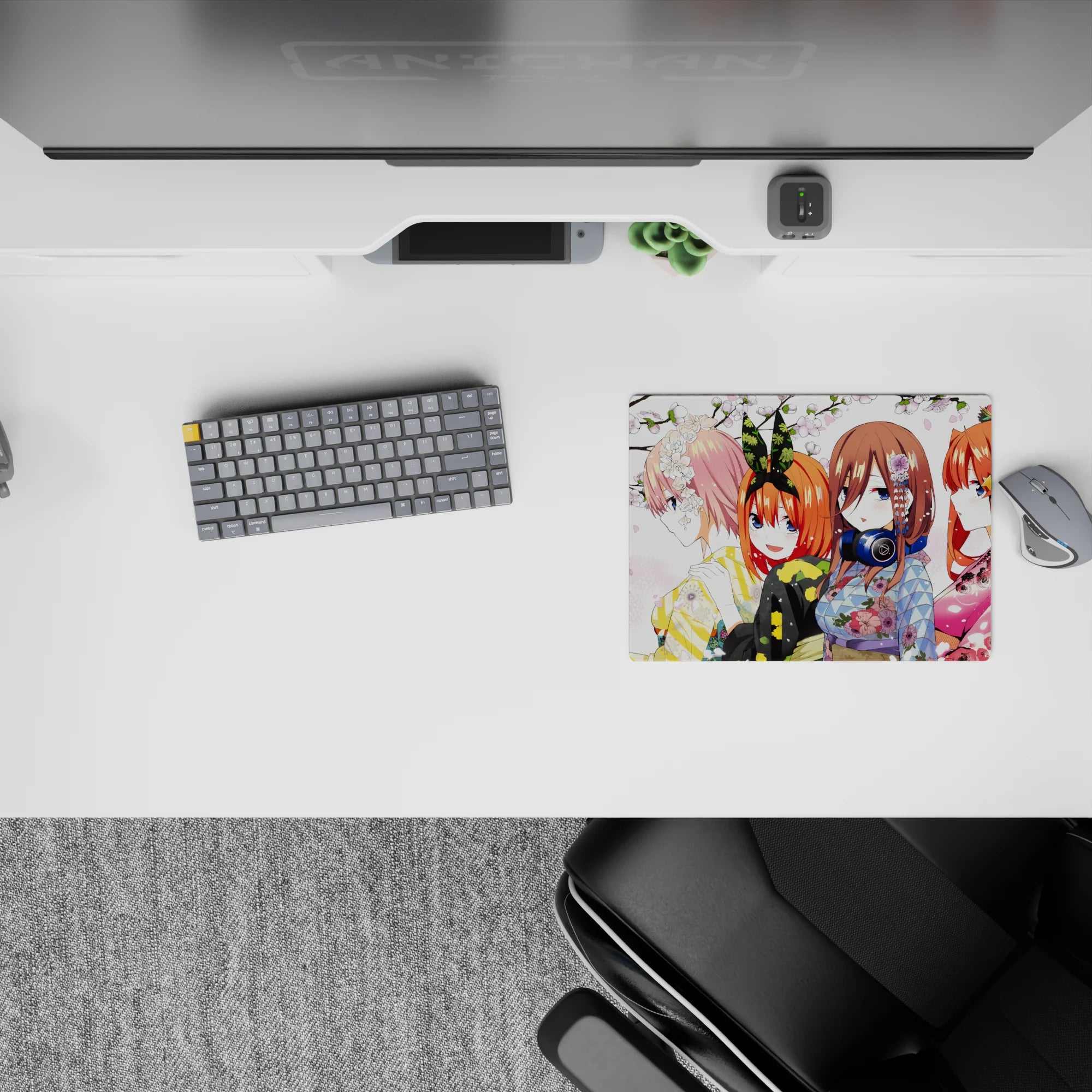 Candy-bright anime girl mouse pad 14x10 inches in blush, coral, indigo, and gold for a cute bold vibe.