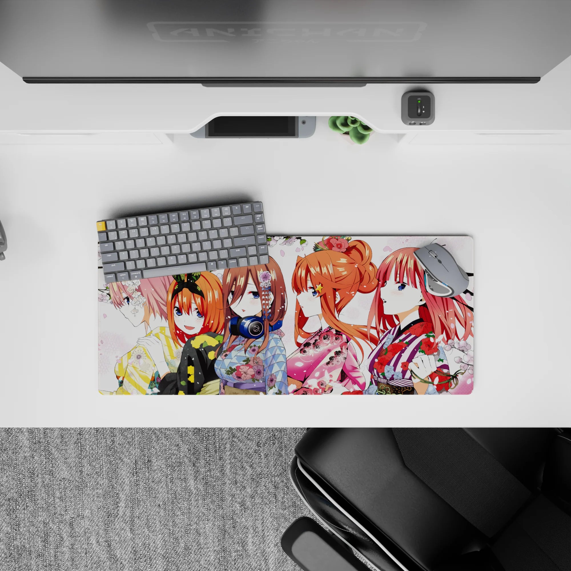 28x12 inches kawaii desk mouse pad in blush, coral, indigo, and gold with candy-bright yukata vibes.