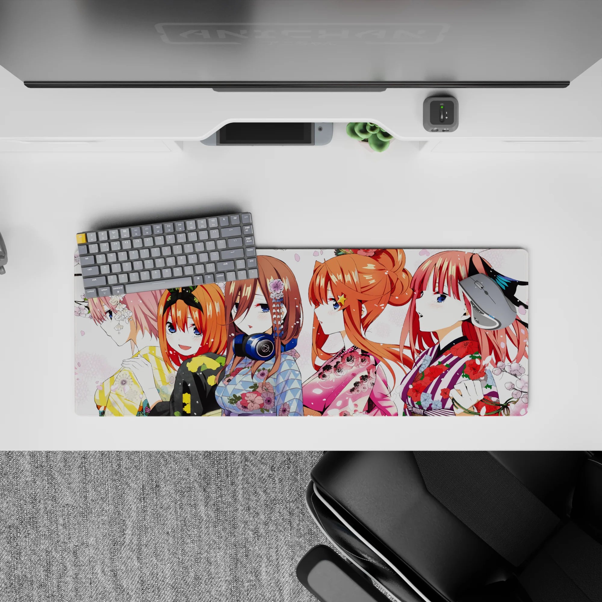 Cute bold anime desk mat 32x12 inches in blush, coral, indigo and gold with candy-bright yukata.