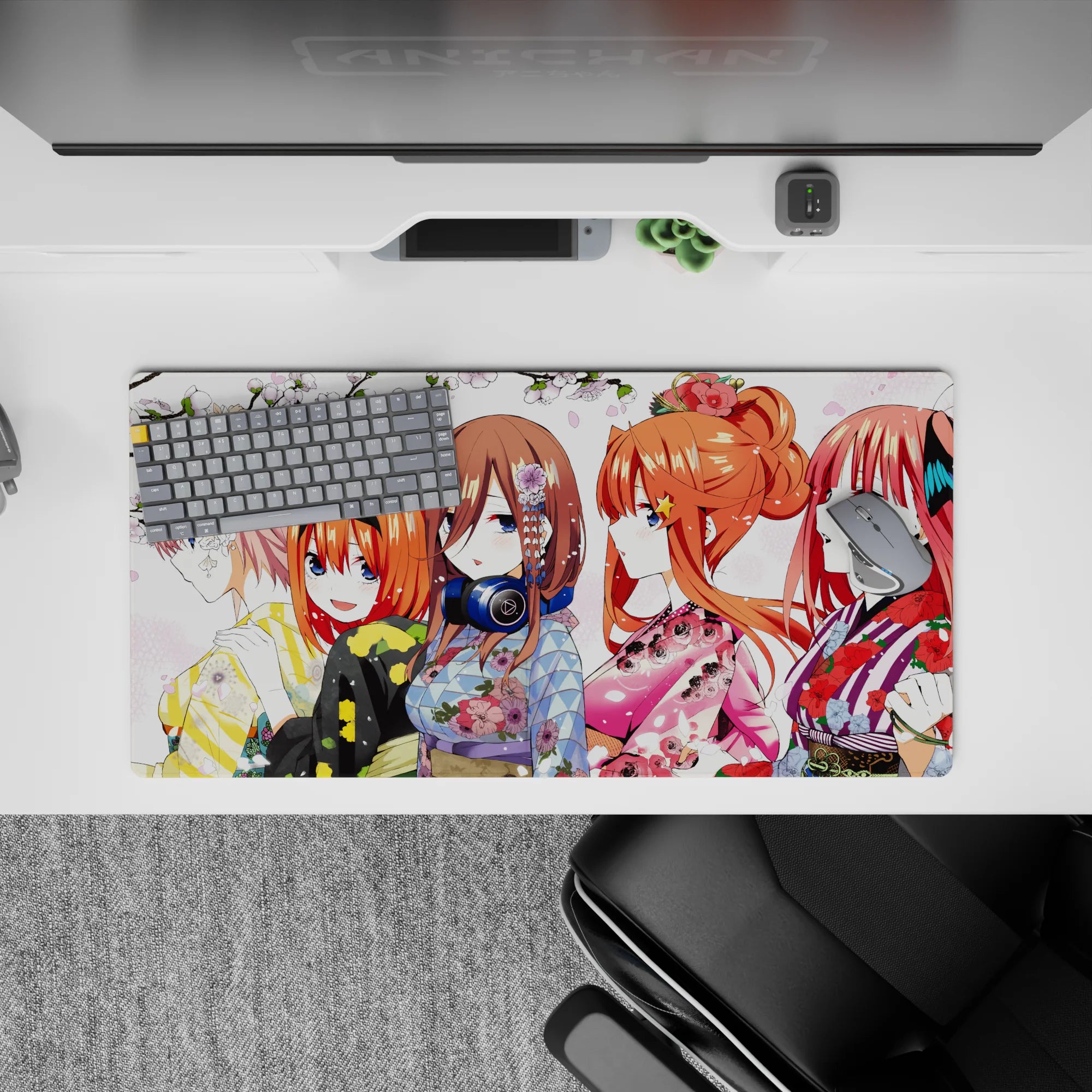 32x16 inches kawaii anime desk mat in blush, coral, indigo and gold, cute bold vibe with crisp print.