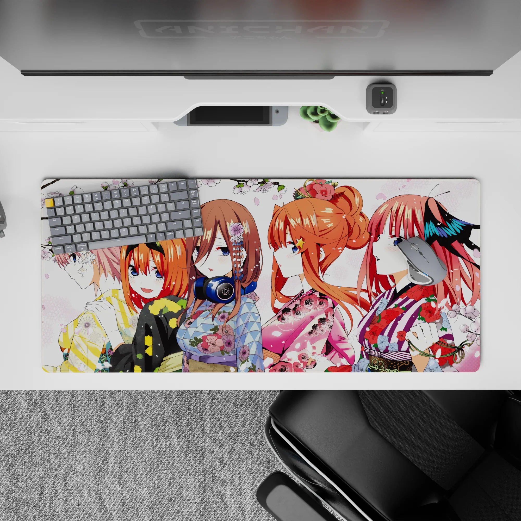 36x16 inches kawaii anime desk pad in blush, coral, indigo, and gold with bold candy-bright vibe.