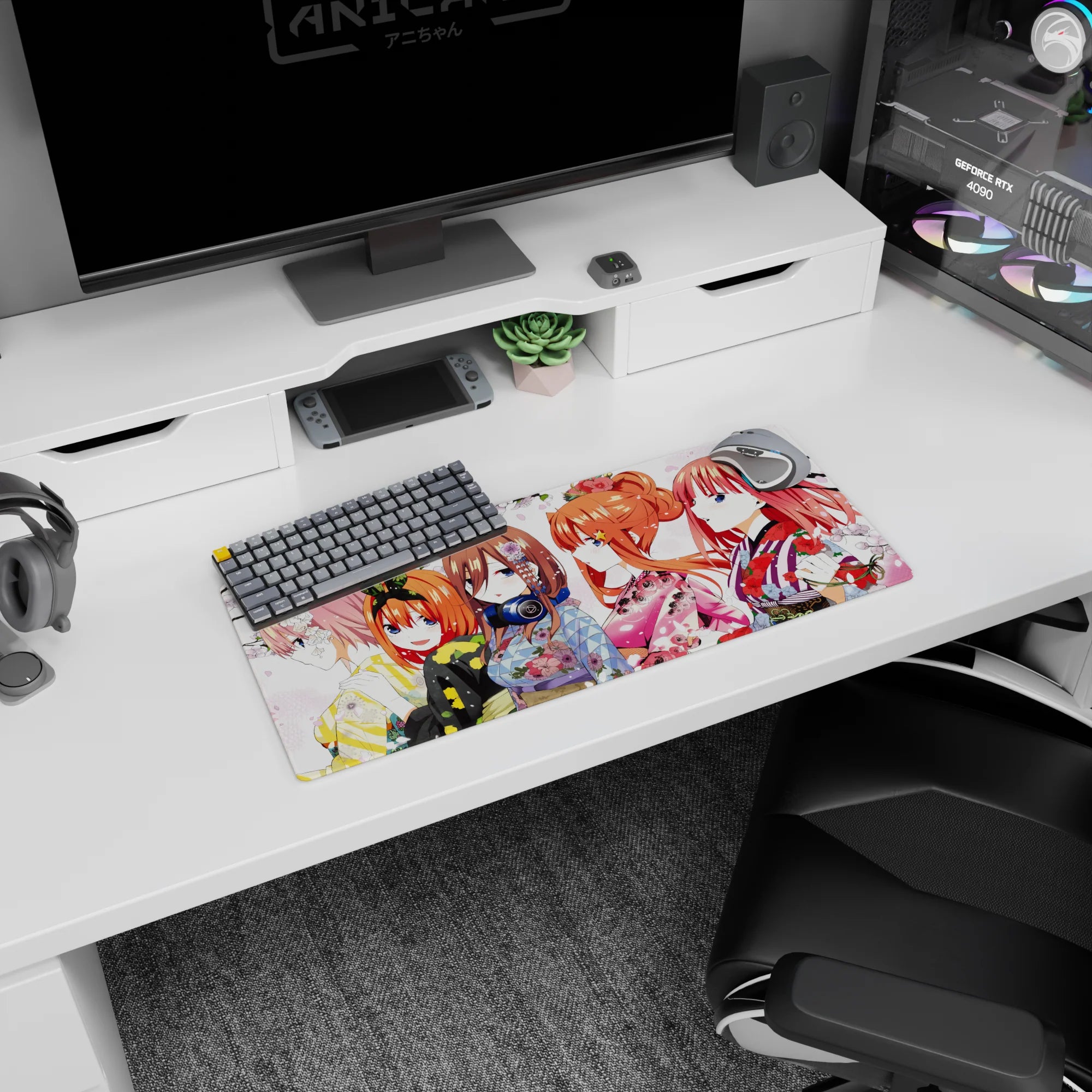 28x12 inches anime mouse pad featuring pink-haired girl with blossoms beside bunny-ear bob under falling sakura.