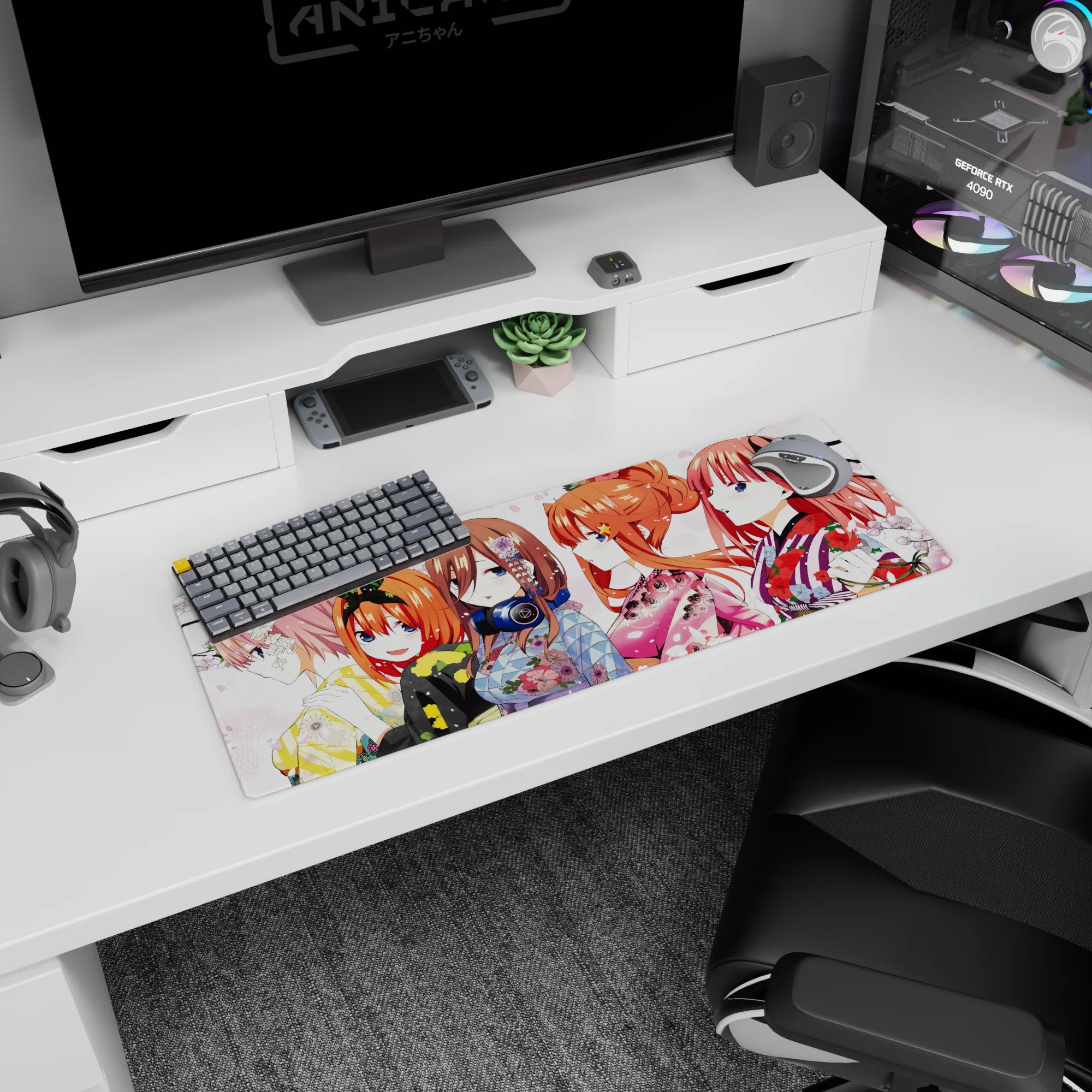 Anime girl mouse pad 32x12 inches with pink-haired blossom girl and bunny-ear bob under falling sakura.