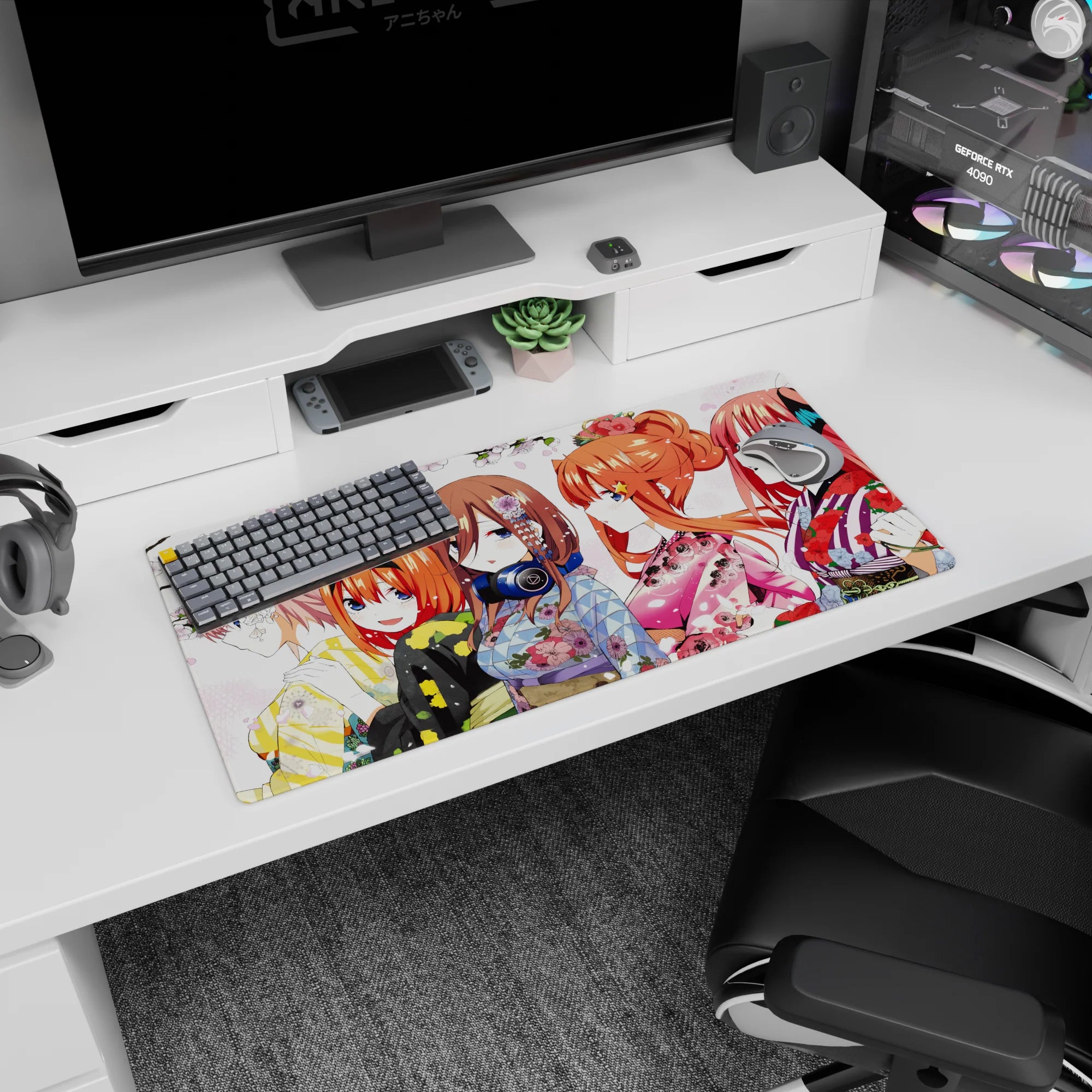 32x16 inches anime girl mouse pad showing pink-haired girl with blossoms beside bunny-ear orange bob under sakura.
