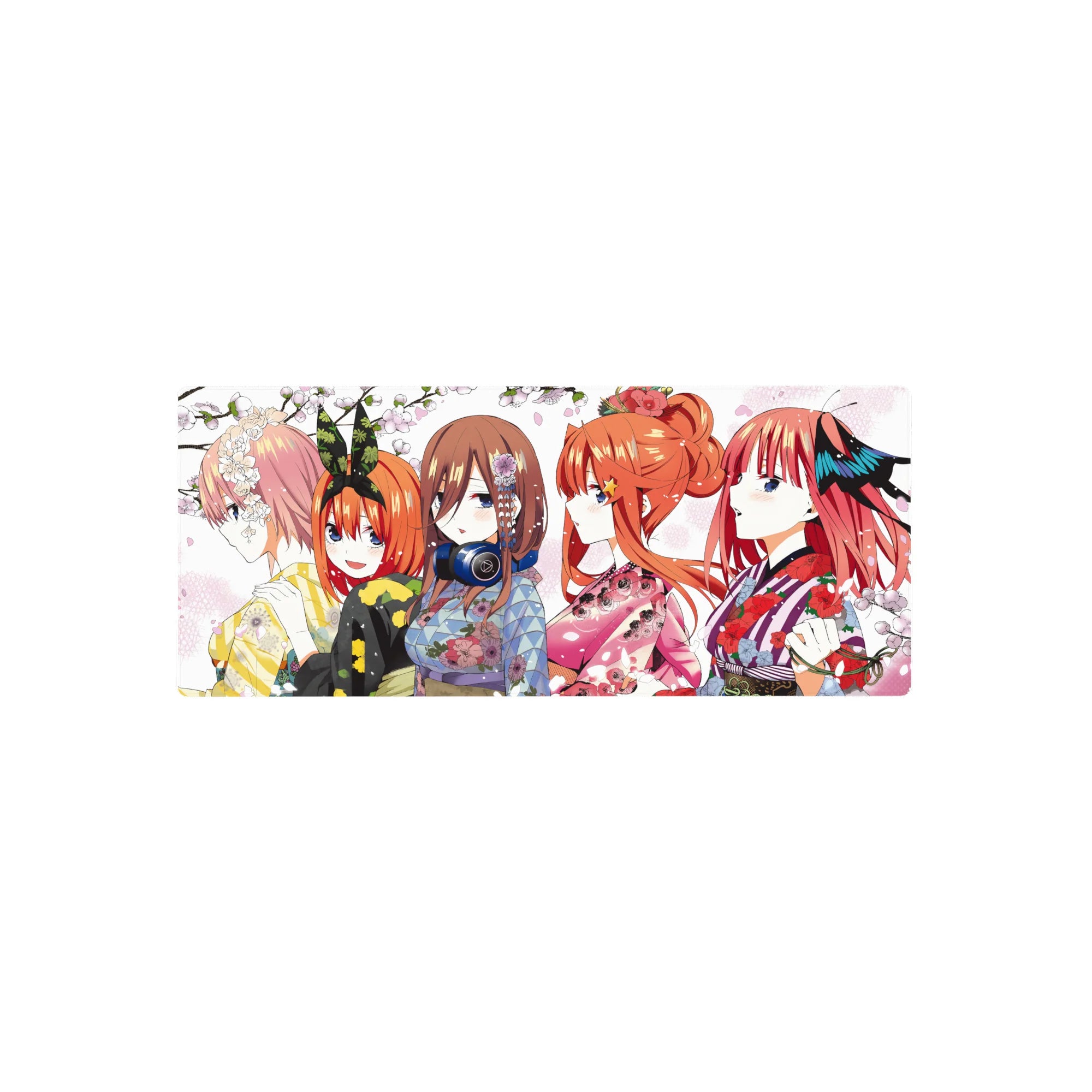 28x12 inches anime girl mouse pad with five kimono-clad girls in side profile and sakura petals.