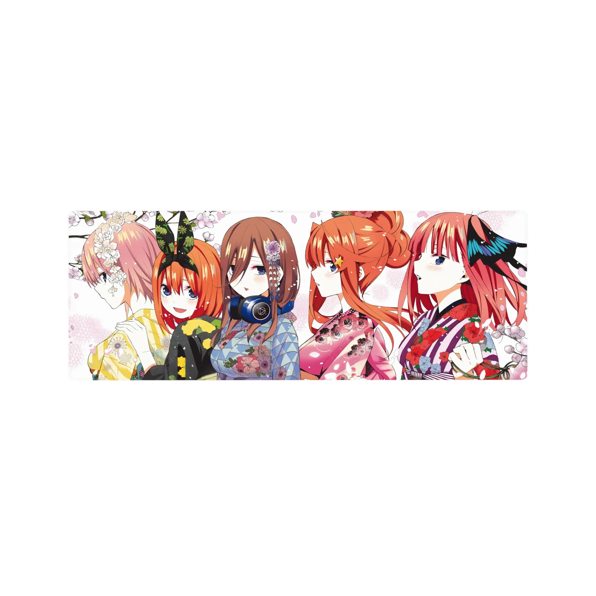 Anime girl mouse pad 32x12 inches with five kimono-clad girls in side profile and sakura petals.