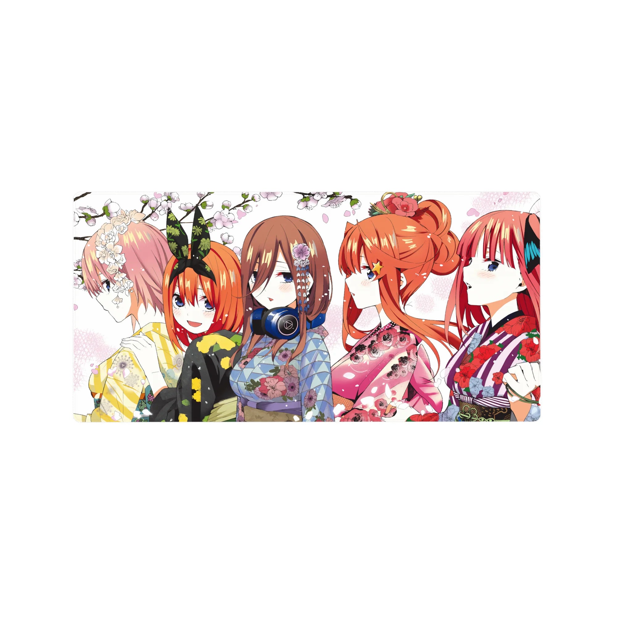 32x16 inches anime girl mouse pad with five kimono-clad girls in side profile and falling sakura petals.
