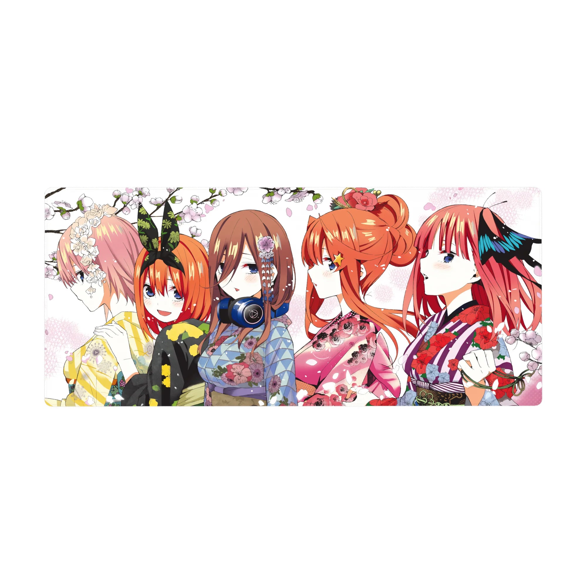 36x16 inches anime girl desk pad with five kimono-clad girls in side profile and falling sakura petals.