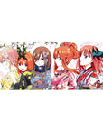 36x16 inches anime girl desk pad with five kimono-clad girls in side profile and falling sakura petals.