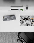 Black-and-white manga panels with bright orange Hinata on anime mouse pad 14x10 inches, energetic vibe.