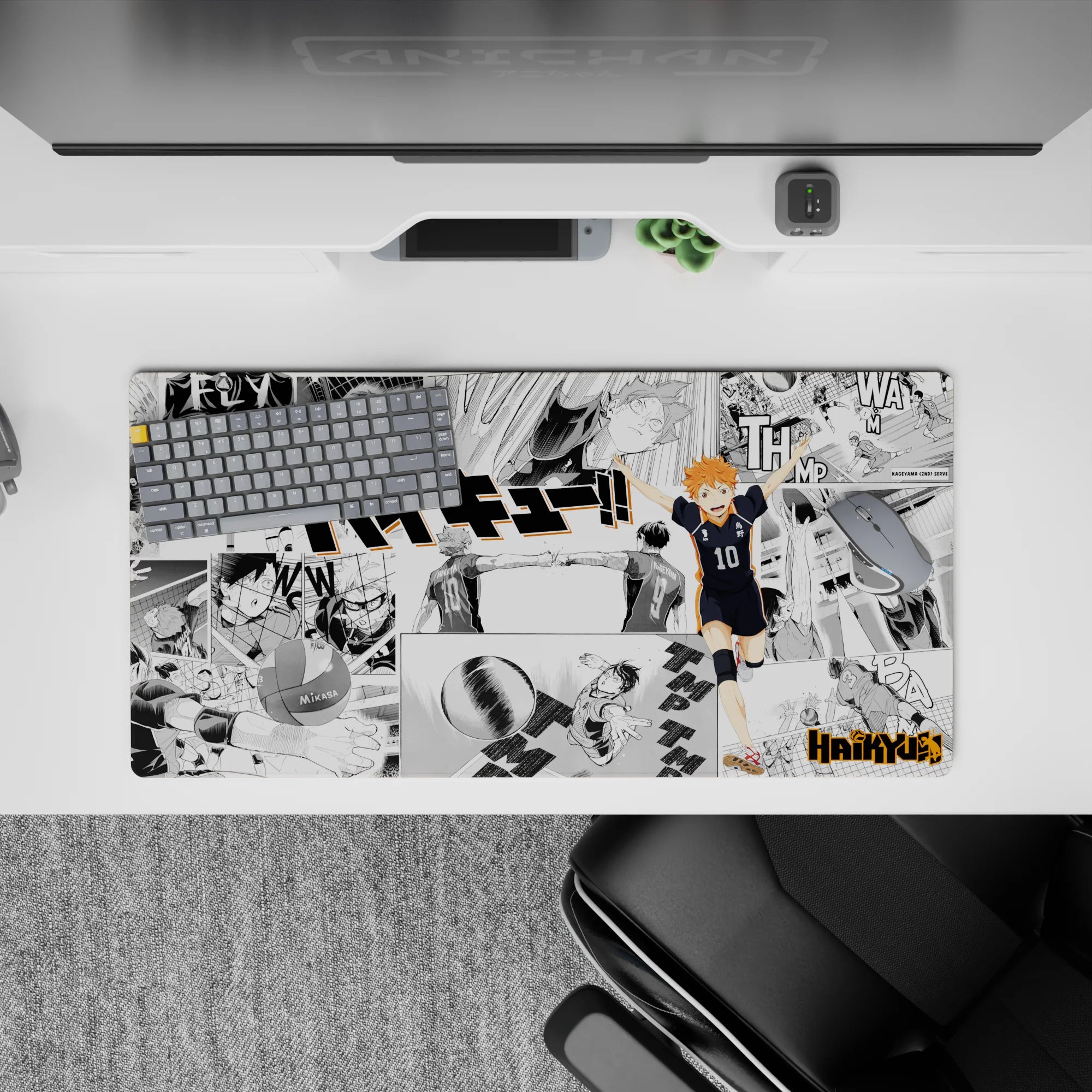 Black-and-white manga panels with bright orange accents anime mouse pad 32x16 inches, high-energy vibe.