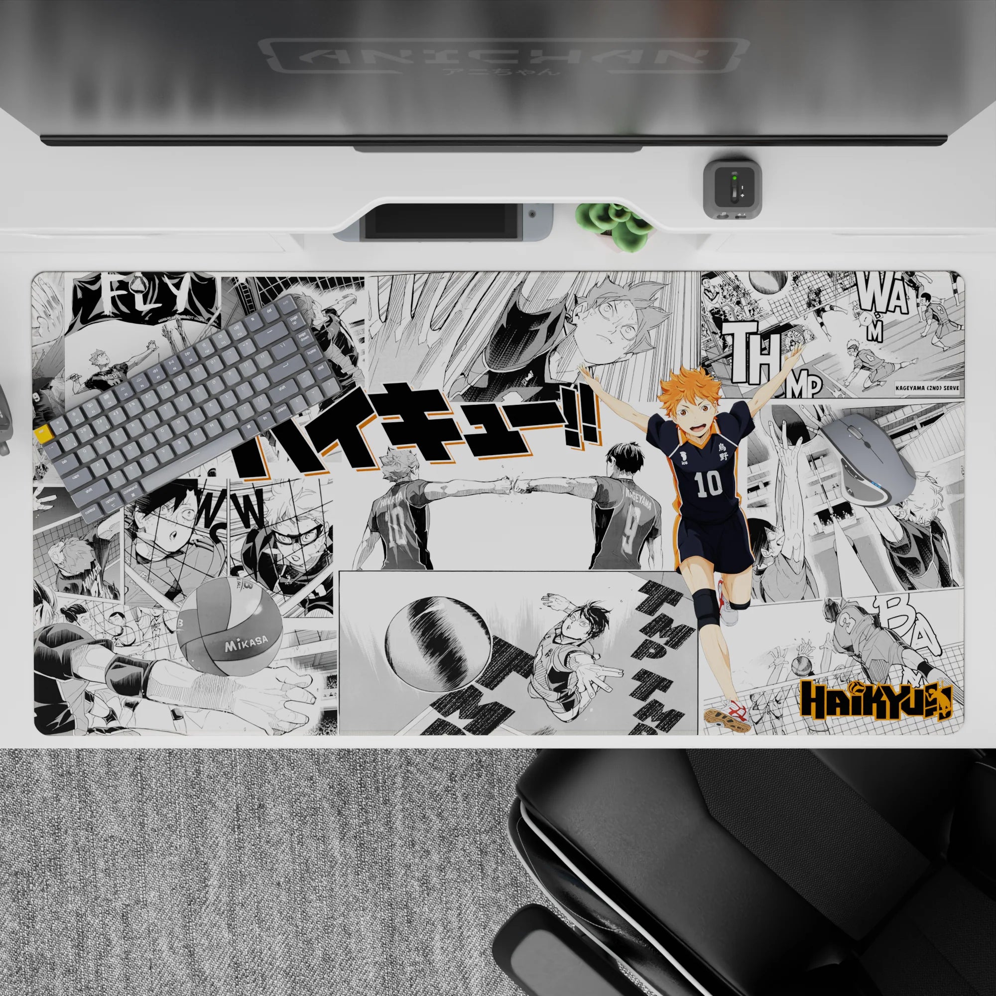 40x20 inches anime desk pad with bright orange hair pop on crisp black-and-white collage, high-energy vibe.