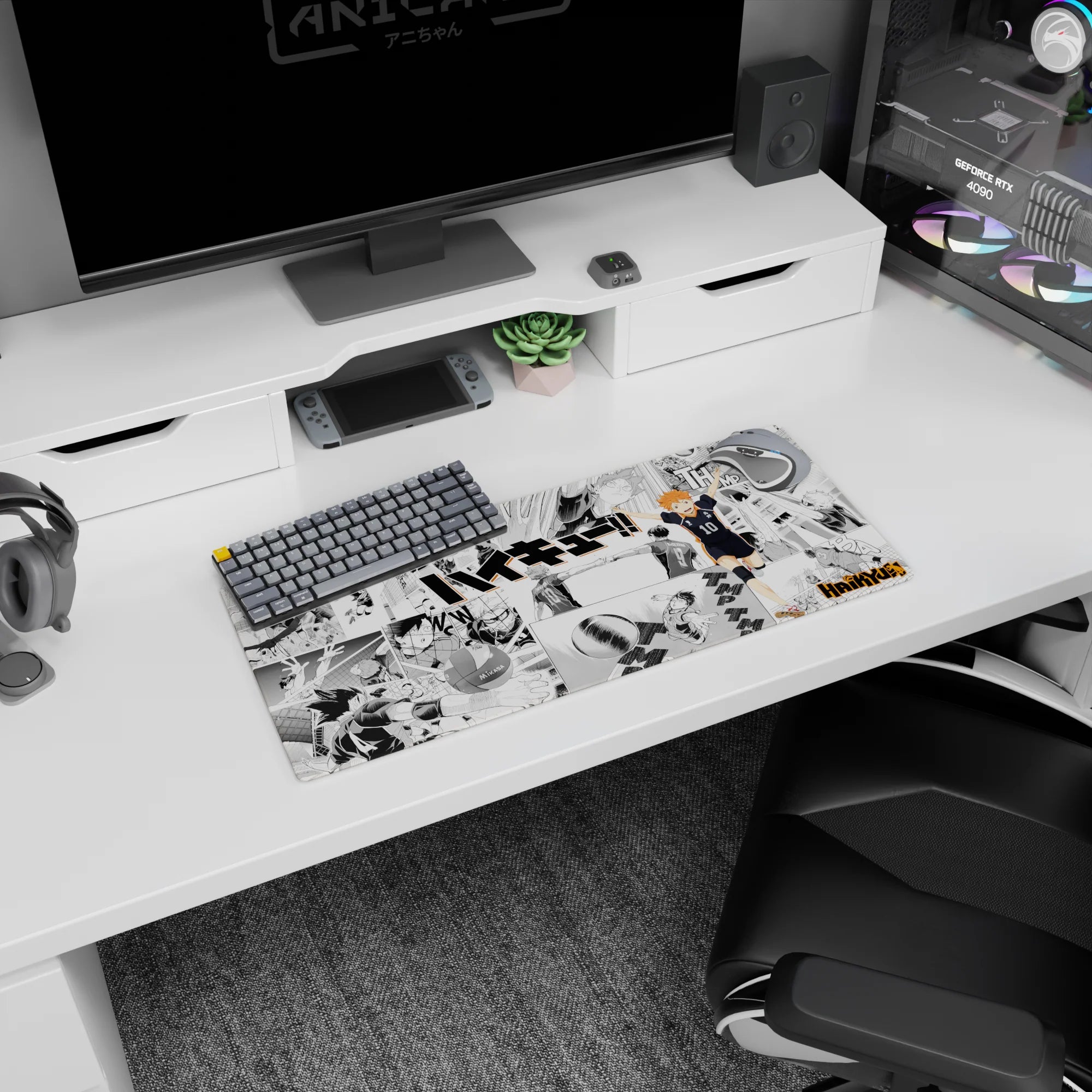 Hinata lunging forward arms wide with Kageyama in the manga background anime mouse pad, 28x12 inches.