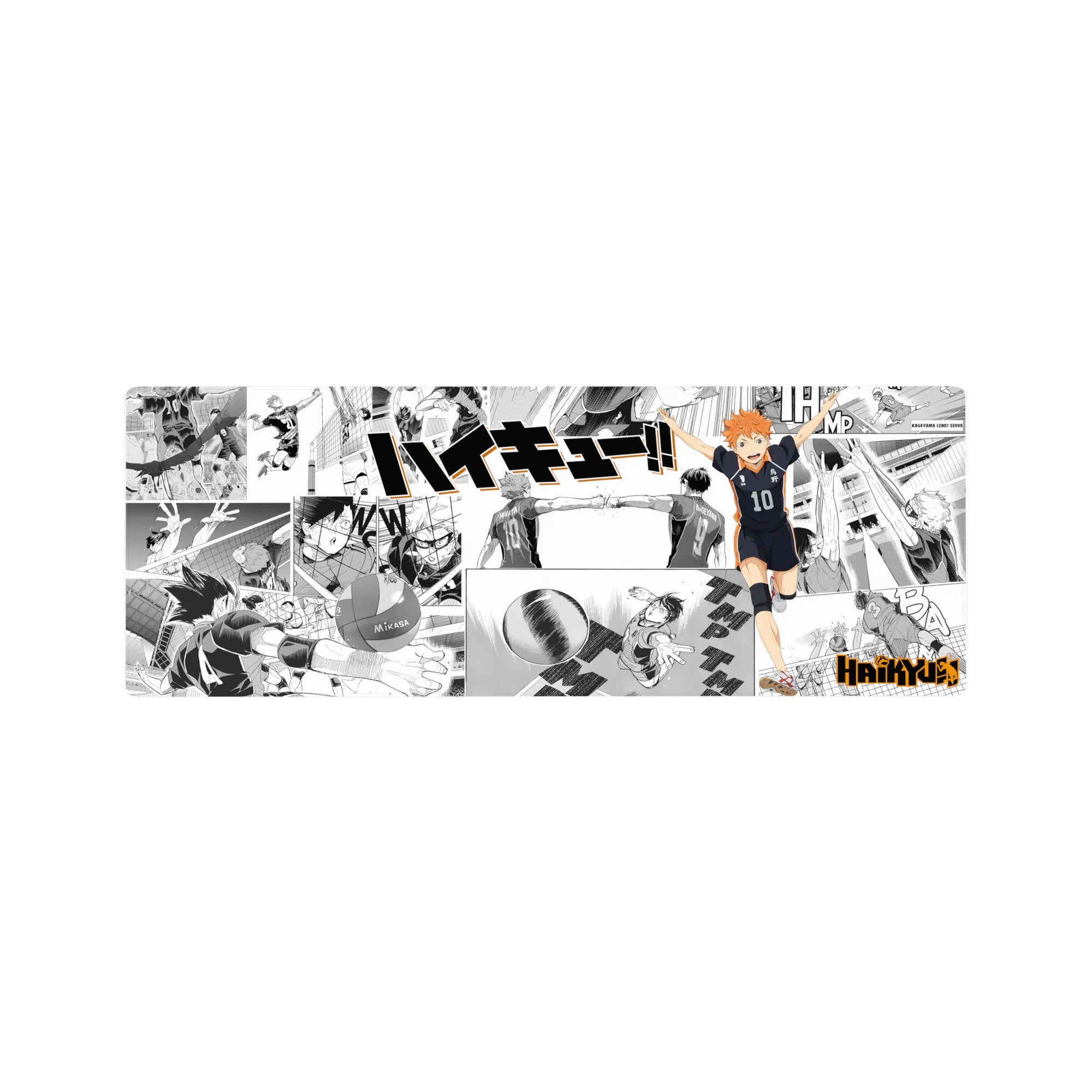 Haikyuu anime mouse pad 32x12 inches with Hinata on black-and-white manga collage and Karasuno 