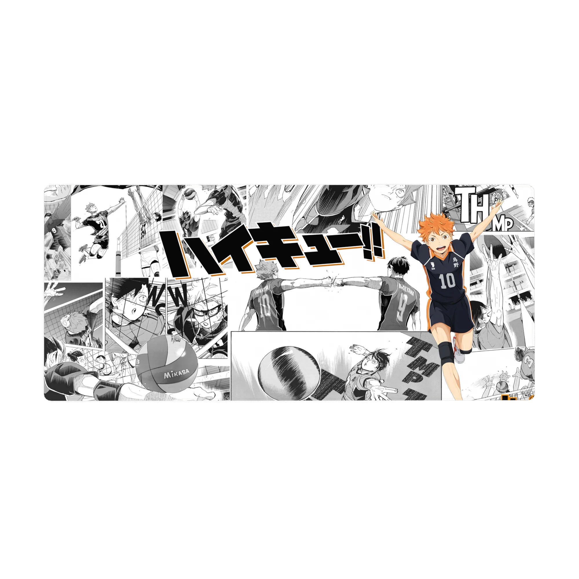 Haikyuu!! anime desk pad 36x16 inches with Hinata over black-and-white manga collage panels.