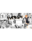 Haikyuu!! anime desk pad 36x16 inches with Hinata over black-and-white manga collage panels.