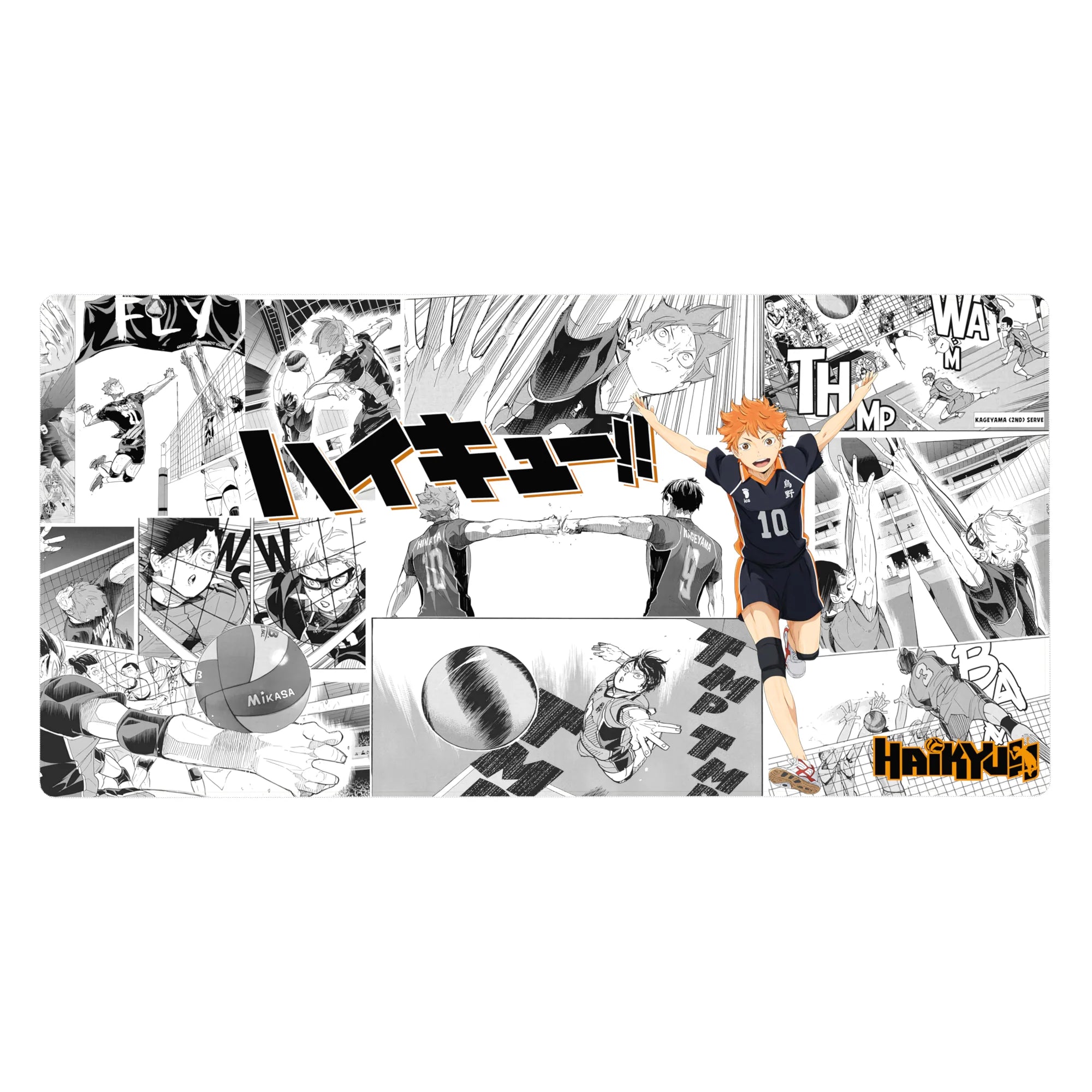 40x20 inches Haikyuu anime desk pad with Hinata on Karasuno #10 over black-and-white manga panels.