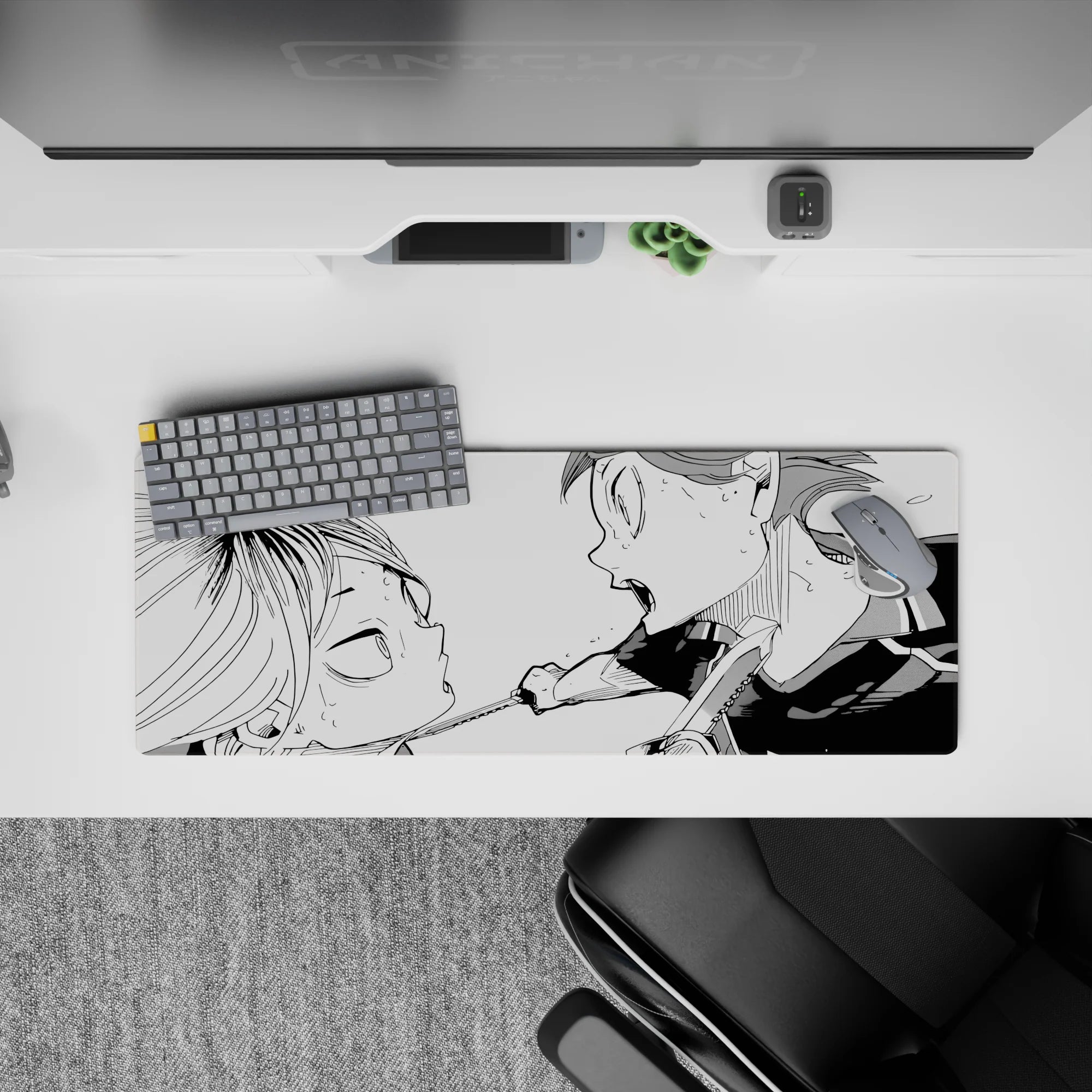 32x12 inches monochrome anime mouse pad, deep inks and clean whites for an intense, high-energy desk vibe.