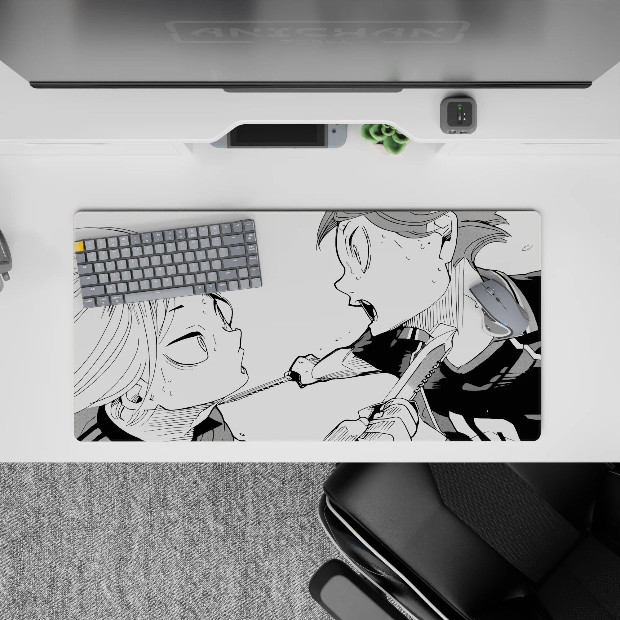 32x16 inches black-and-white anime mouse pad, deep inks and clean whites for a fierce, loud desk vibe.