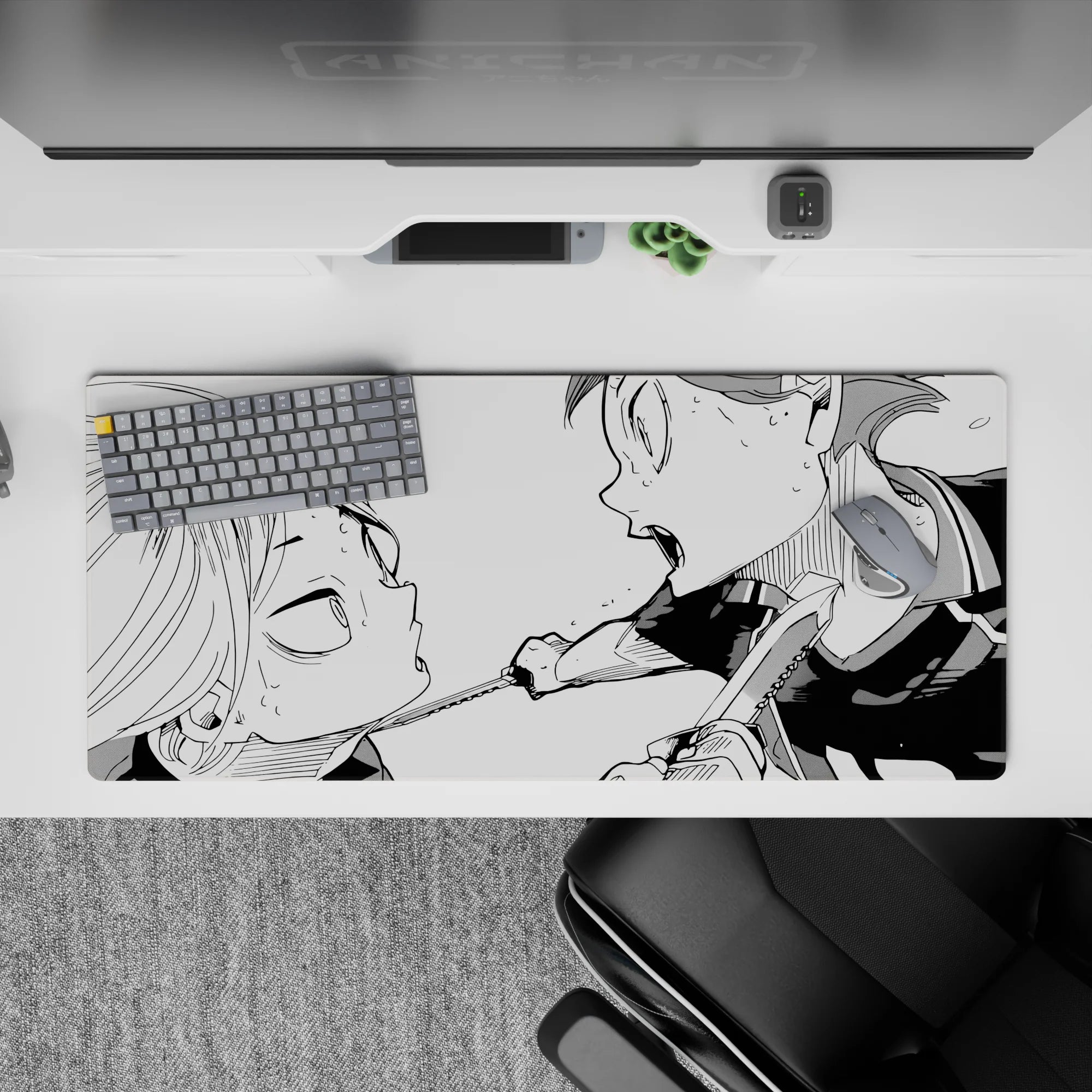 36x16 inches anime mouse pad in stark black ink and clean white, intense high-contrast battle mood.