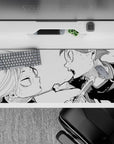 36x16 inches anime mouse pad in stark black ink and clean white, intense high-contrast battle mood.