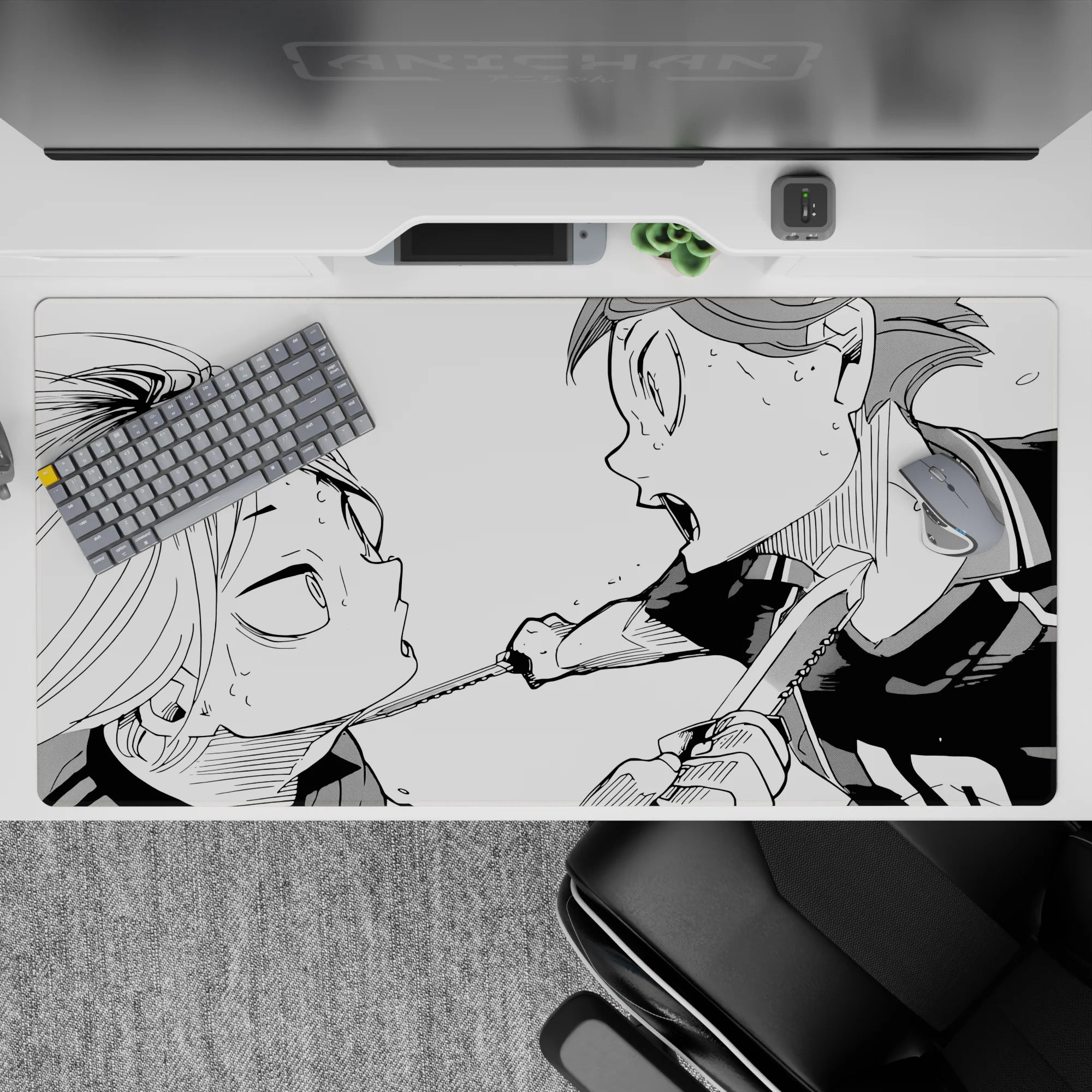 40x20 inches black-and-white anime desk pad, high-contrast inks and fierce mid-shout intensity.