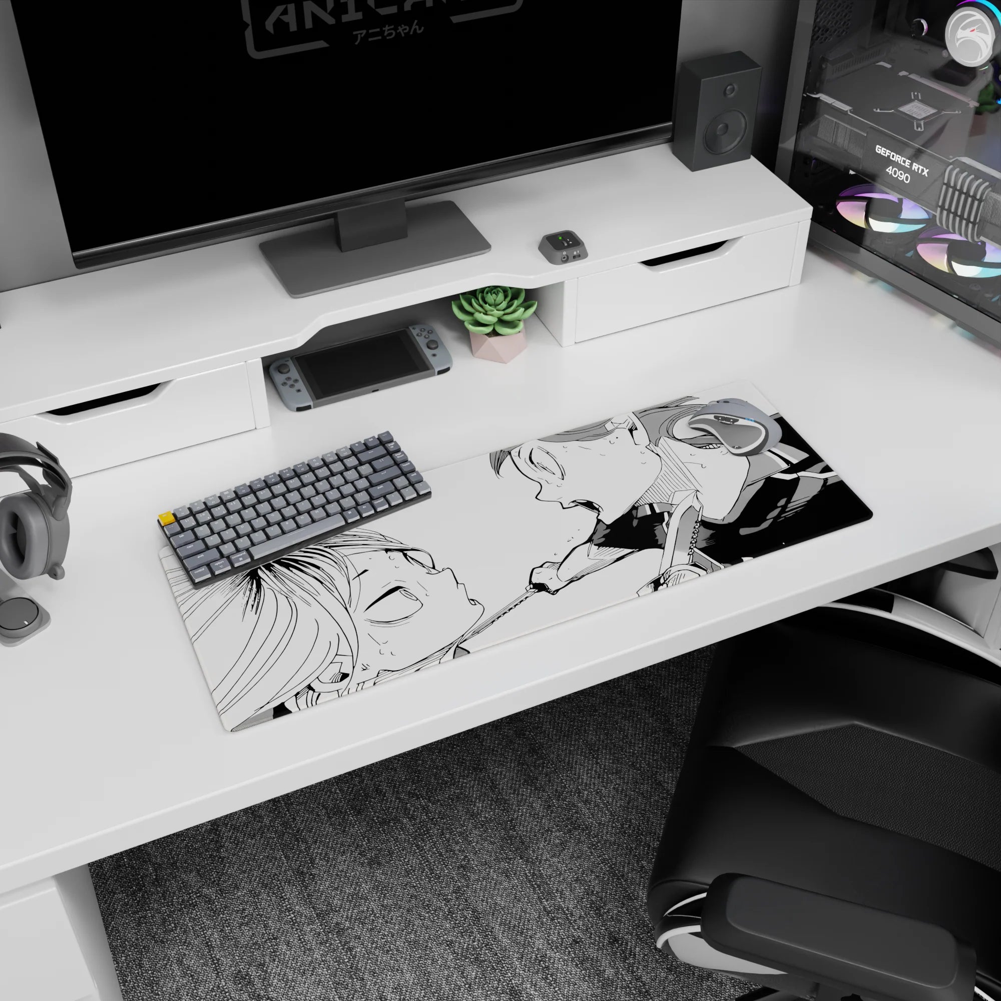 32x12 inches anime mouse pad showing two rivals inches apart mid-shout, sweat flying, chain pulled tight.