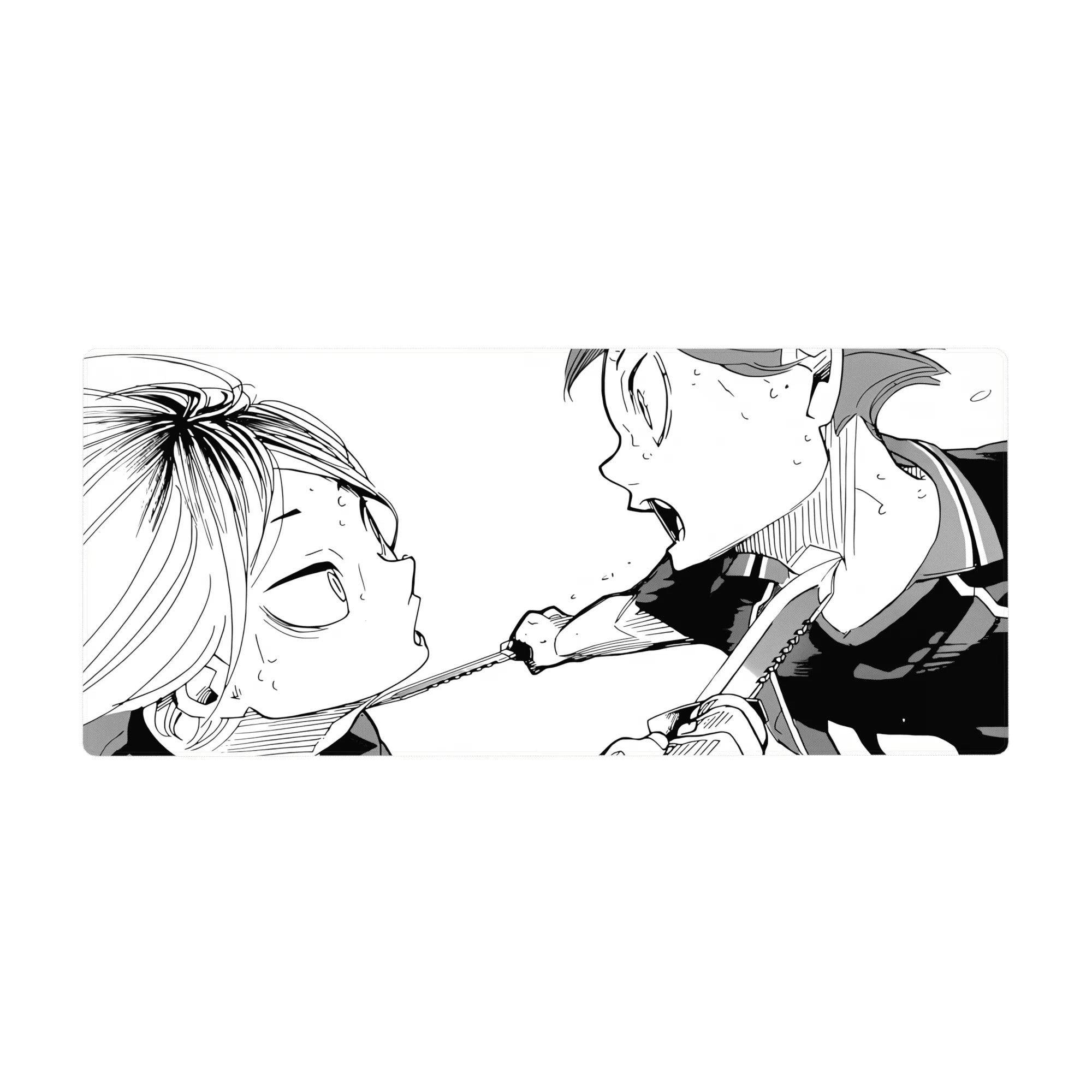36x16 inches anime desk pad with black-and-white manga close-up showdown, two faces inches apart.