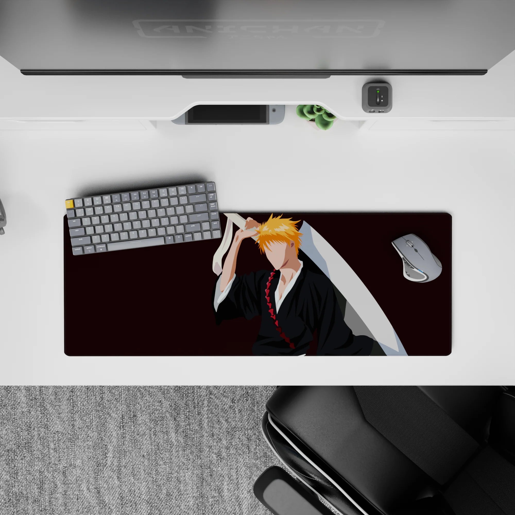 Ichigo Kurosaki minimalist silhouette on 32x12 inch mouse pad, black robes, orange hair, Bleach anime, burgundy backdrop.