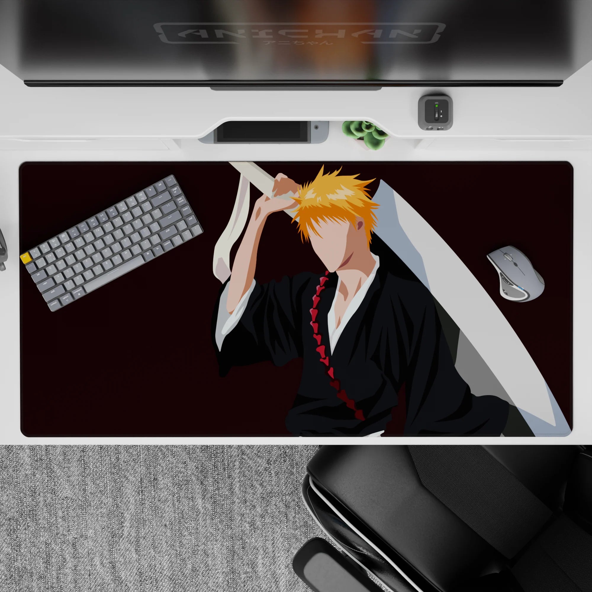 Ichigo Kurosaki silhouette on 40x20 inch desk pad, black robes, orange hair, Zangetsu sword, burgundy background, Bleach.
