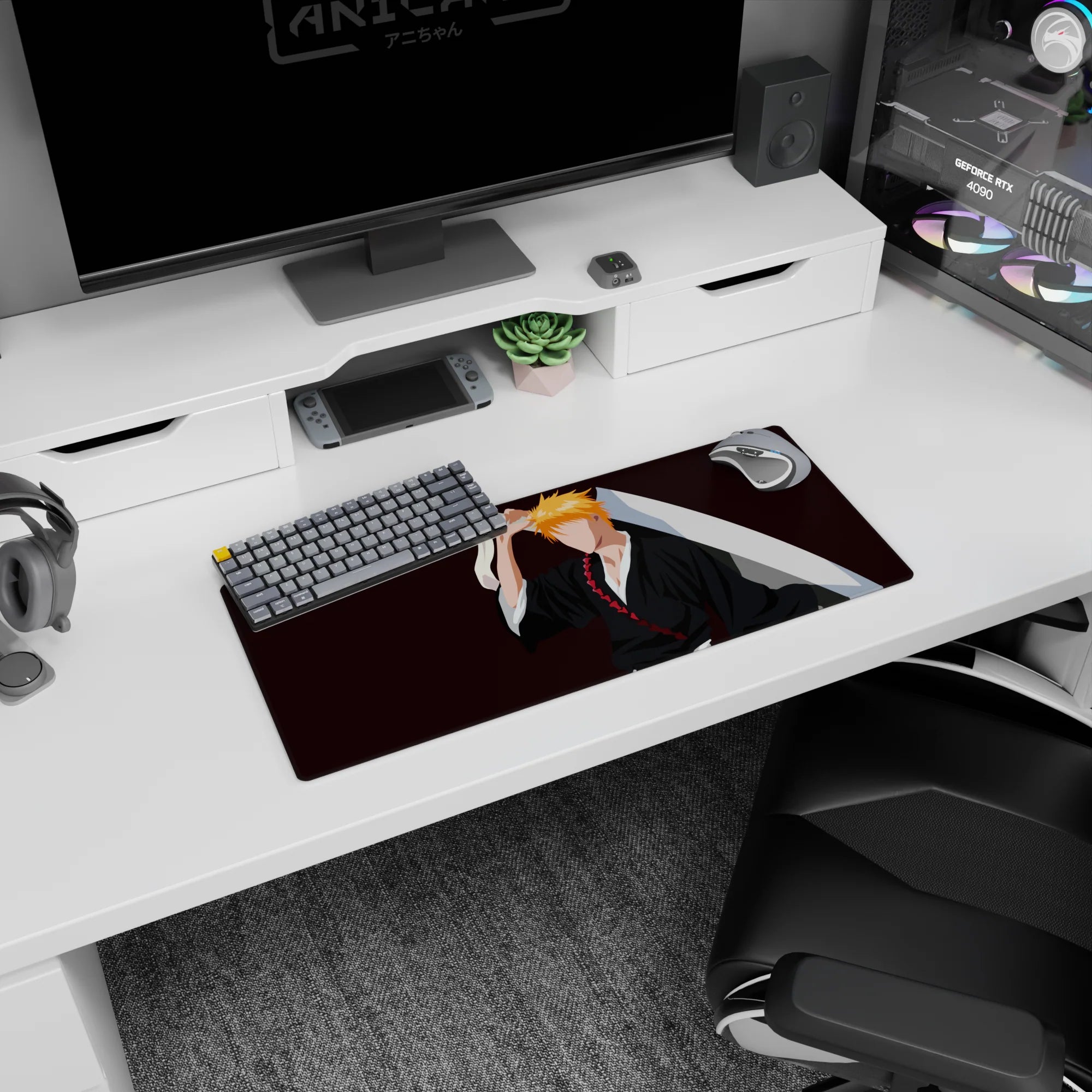 Anime mouse pad featuring Ichigo Kurosaki from Bleach, 28x12 inches. Minimalist silhouette with black robes and orange hair.