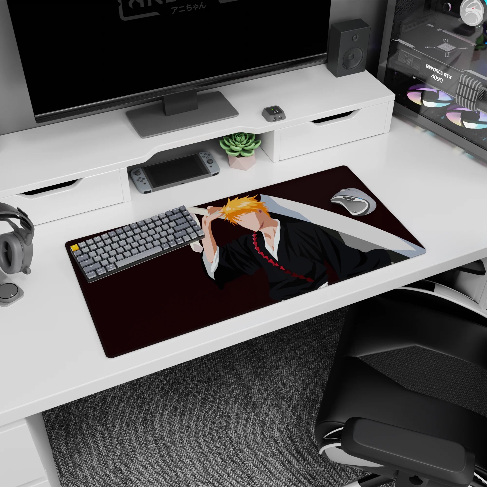 Mouse pad featuring Ichigo Kurosaki silhouette from Bleach, size 32x16 inches, with black robes, orange hair, on burgundy.