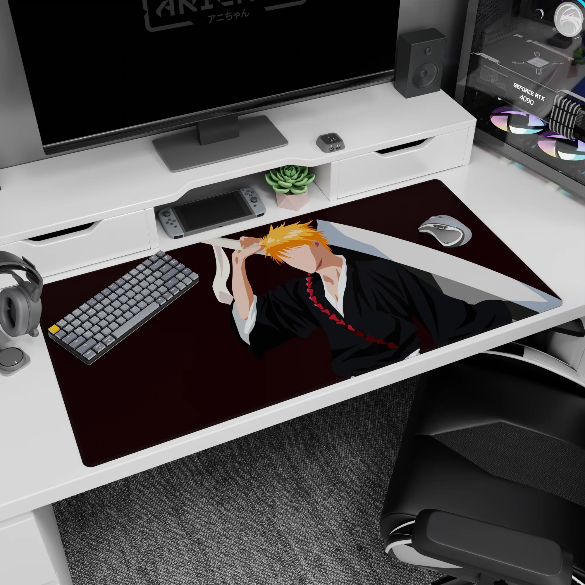 Anime desk pad featuring Ichigo Kurosaki from Bleach, size 40x20 inches, minimalist design with black robes and orange hair.