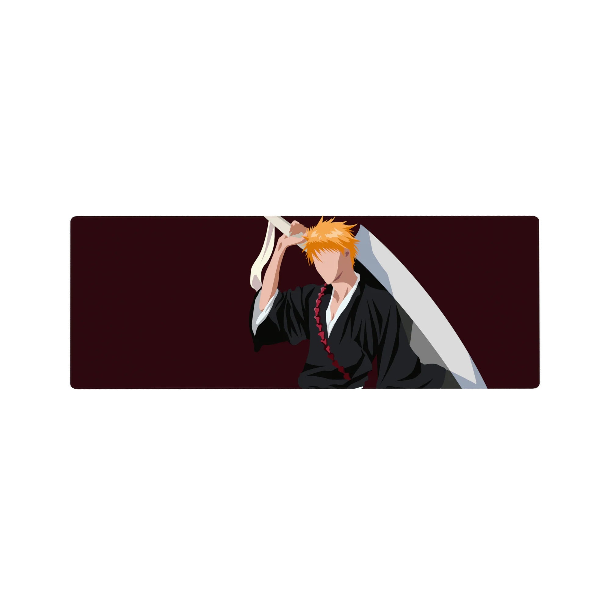Anime mouse pad 32x12 inches featuring Ichigo Kurosaki silhouette from Bleach with black robes and orange hair on burgundy.