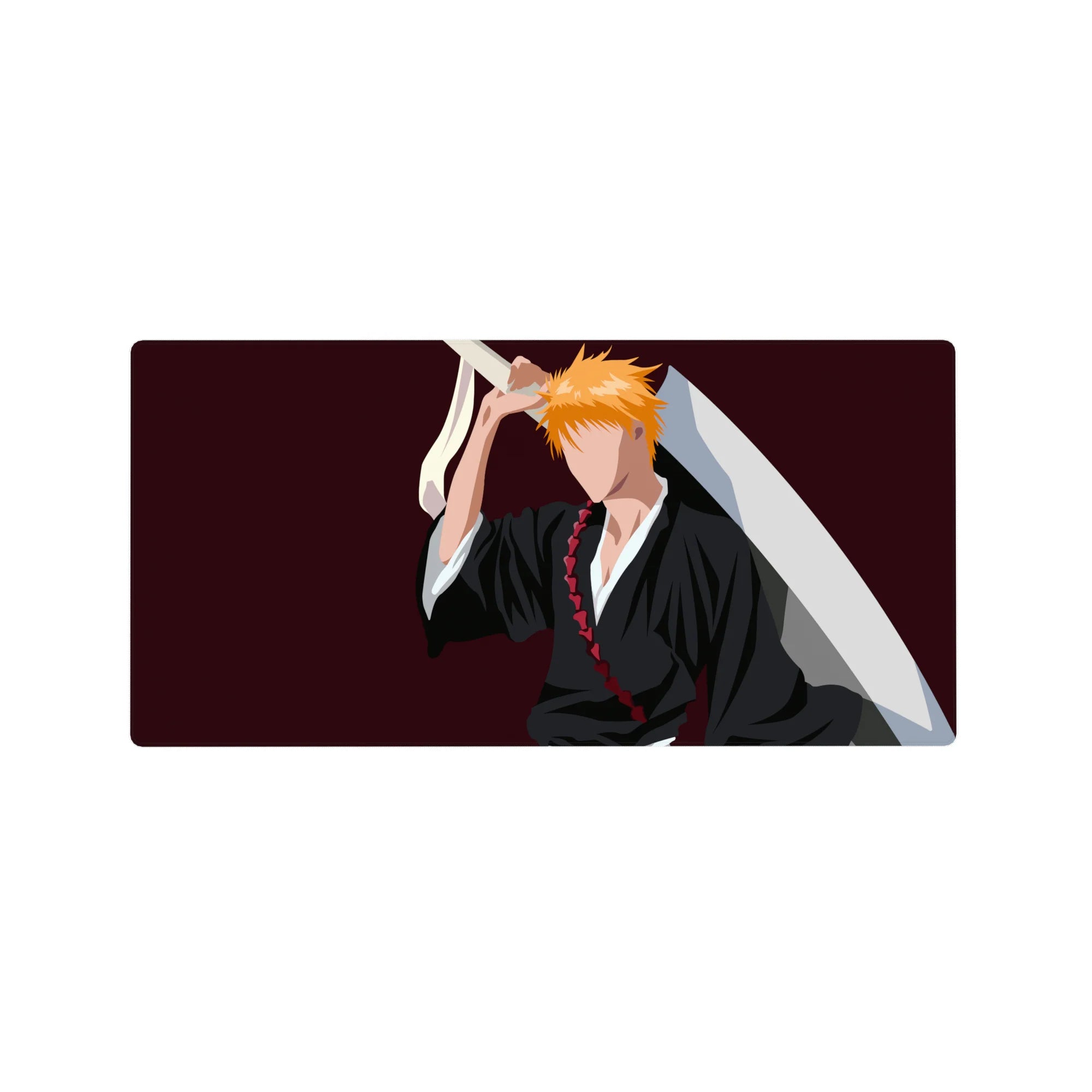 Anime mouse pad 32x16 inches featuring Ichigo Kurosaki's silhouette from Bleach; black robes, orange hair, burgundy backdrop.