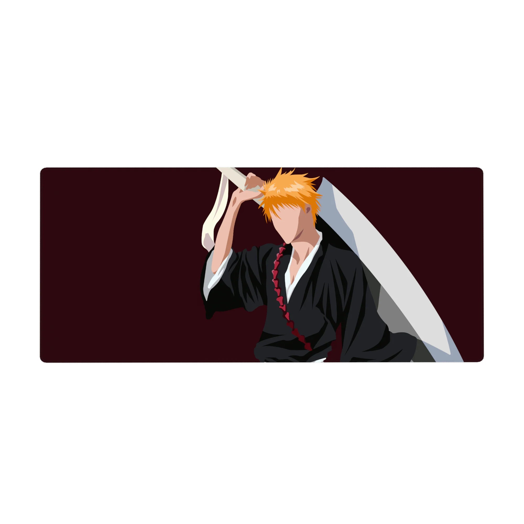 Anime desk pad 36x16 inches featuring Ichigo Kurosaki's silhouette from Bleach, with black robes and orange hair on a burgundy backdrop.