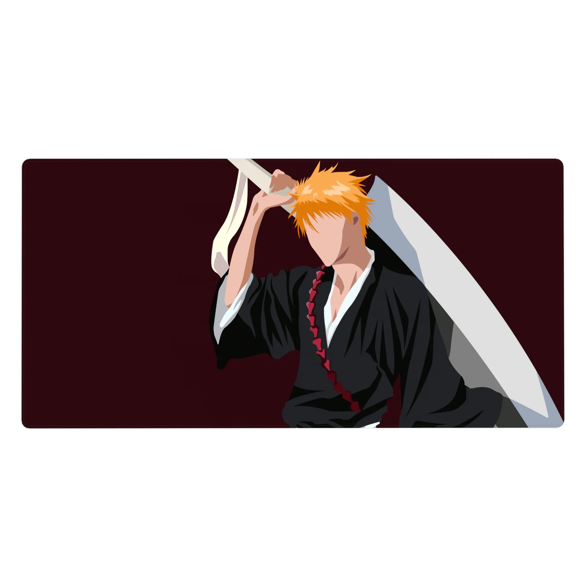 Ichigo Kurosaki silhouette on 40x20 inch desk pad from Bleach, featuring black robes, orange hair, and Zangetsu on burgundy.