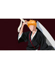 Ichigo Kurosaki silhouette on 40x20 inch desk pad from Bleach, featuring black robes, orange hair, and Zangetsu on burgundy.