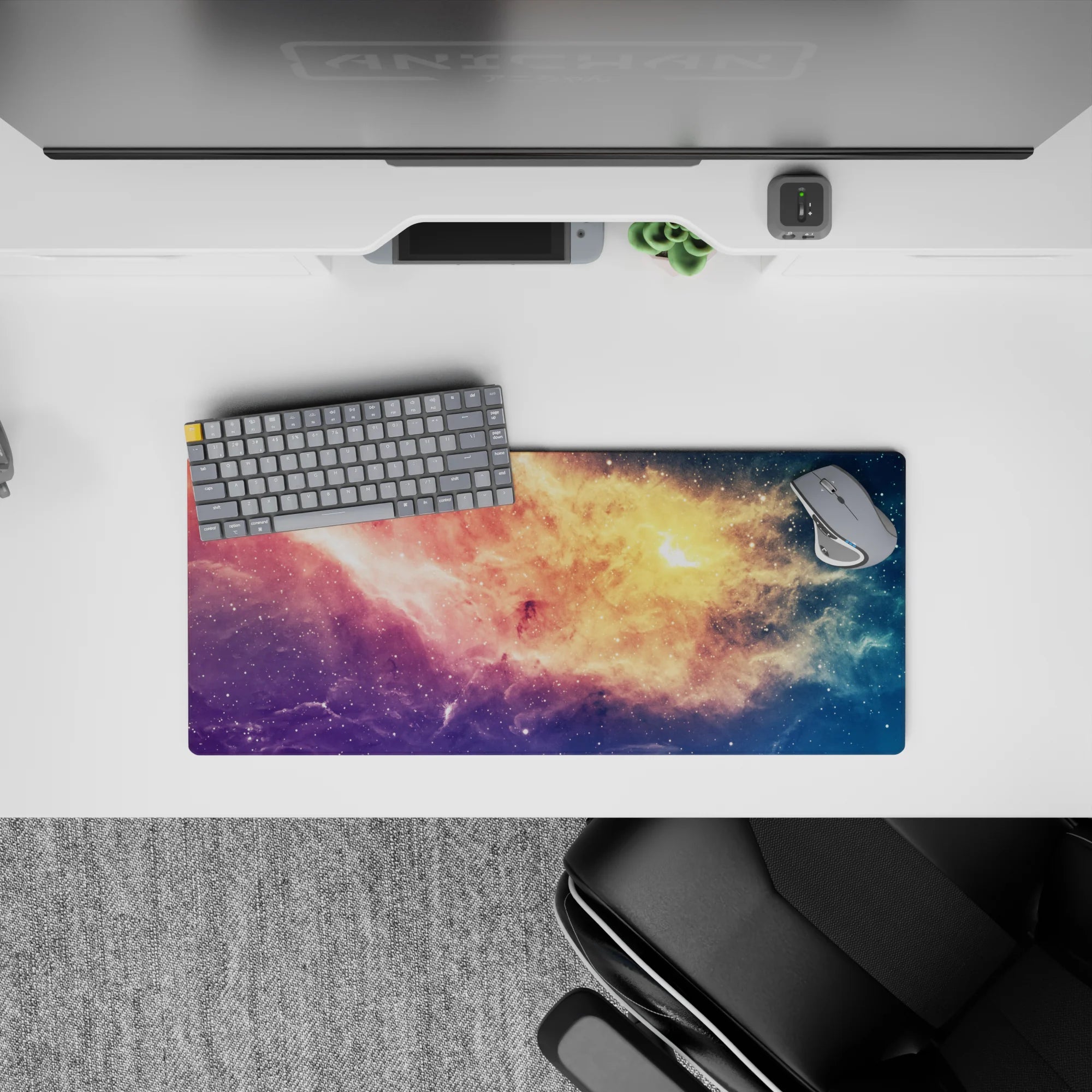 Dreamy peach-gold to rosy pink to deep violet gradient mouse pad 28x12 inches for smooth gaming and work.