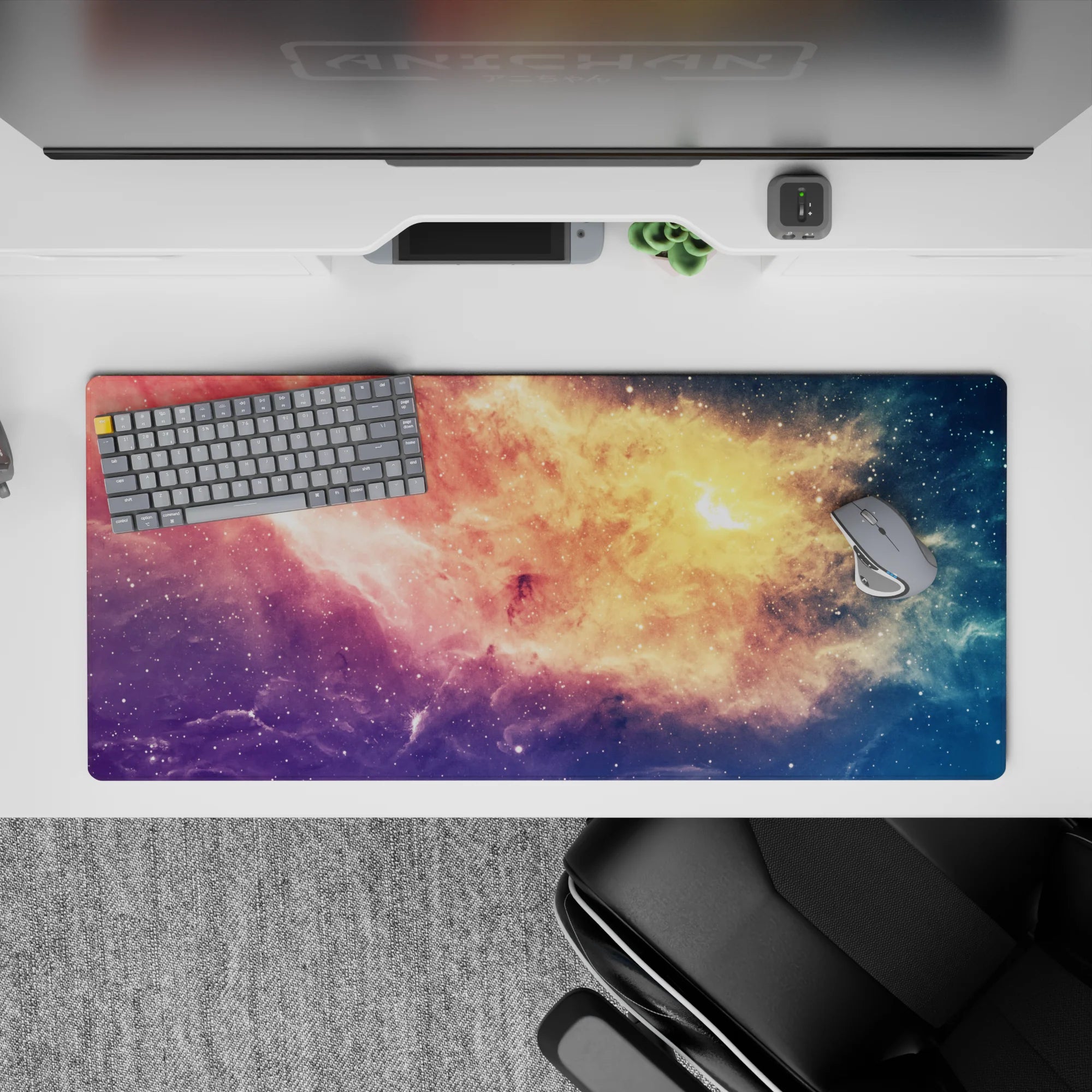 Dreamy candy-sky desk pad 36x16 inches in peach gold, rosy pink, violet, and starry blue.